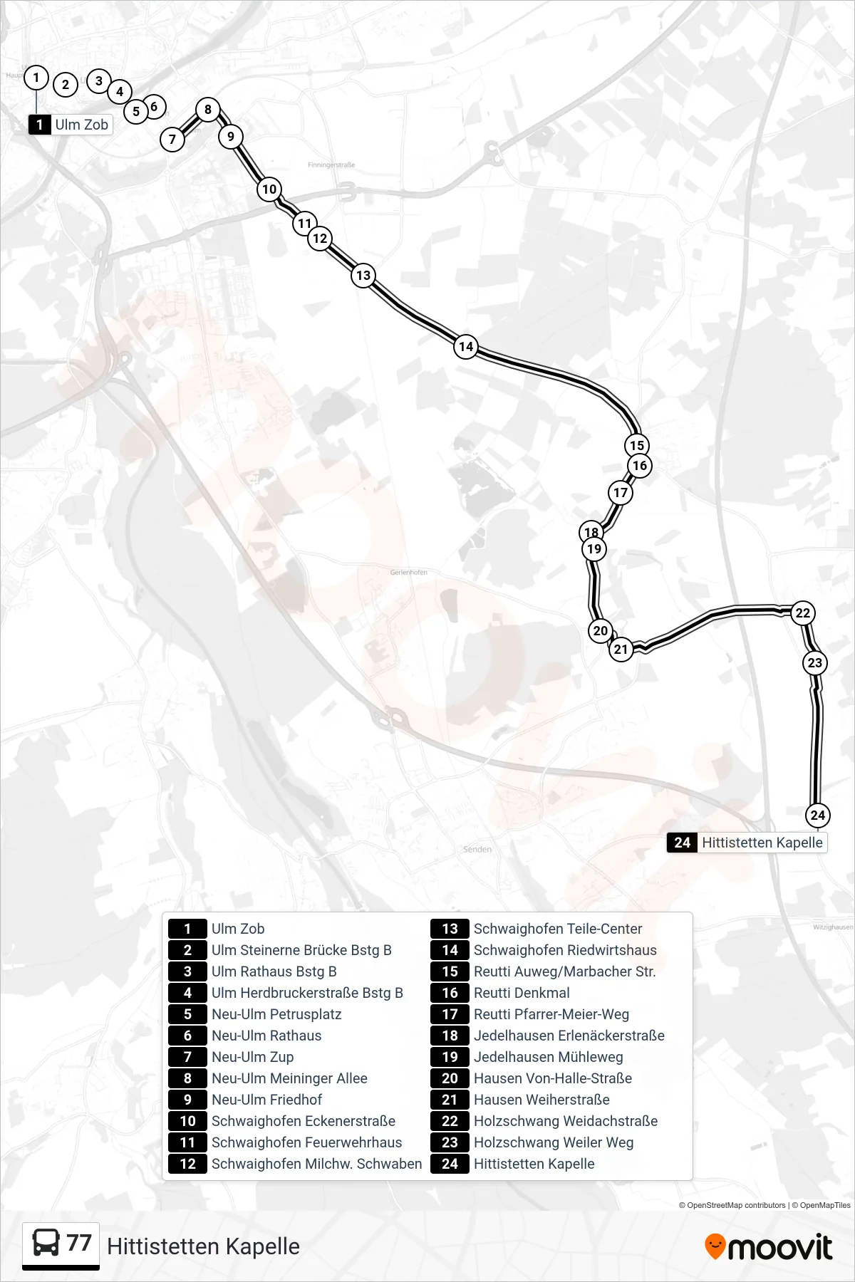 77 bus Line (Hittistetten Kapelle) route and stops on a map