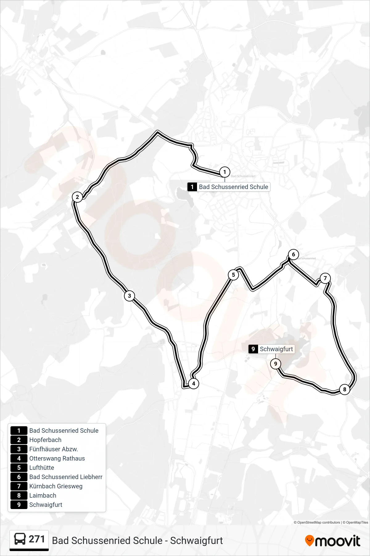 271 bus Line (Schwaigfurt) route and stops on a map