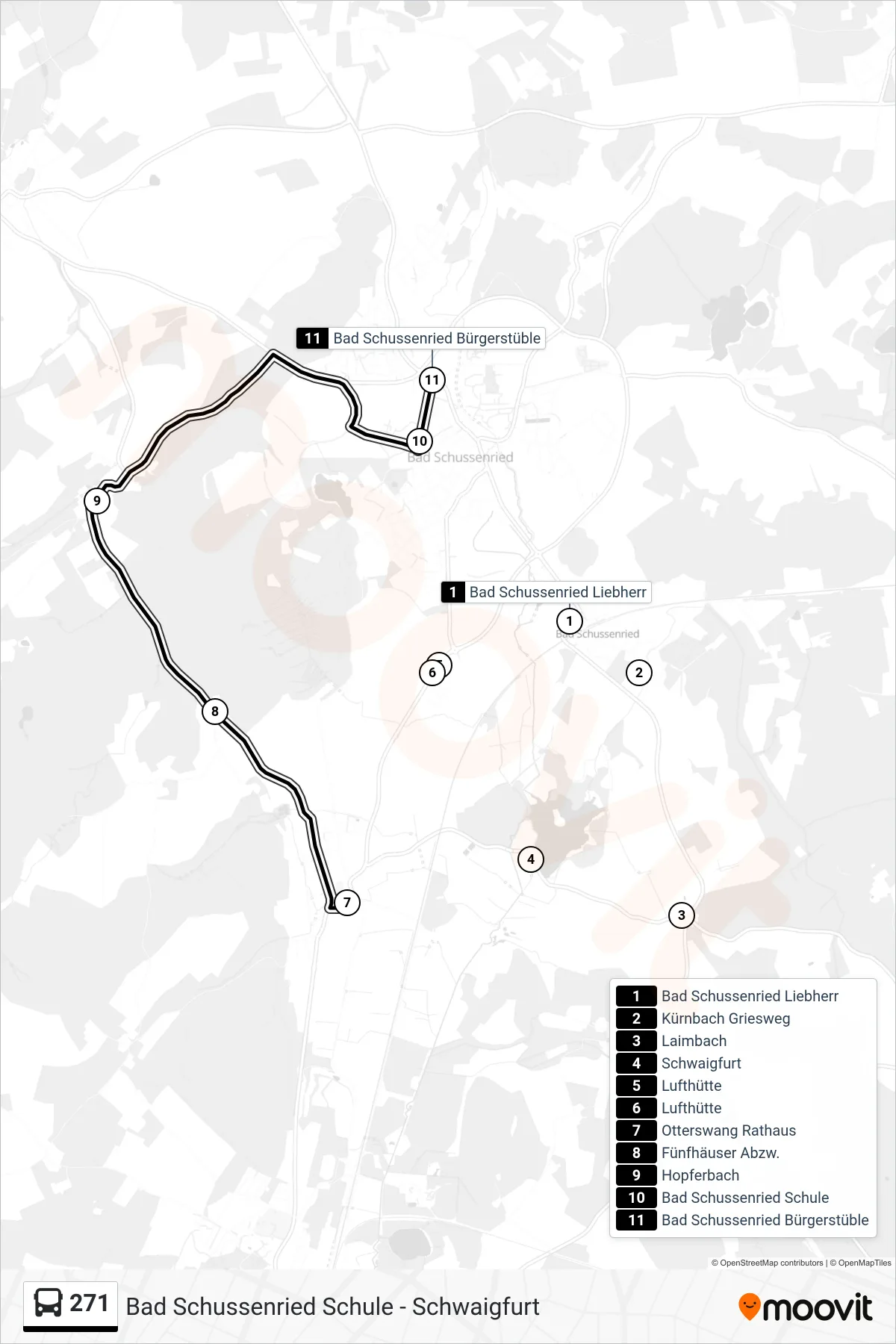 271 bus Line (Bad Schussenried Bürgerstüble) route and stops on a map