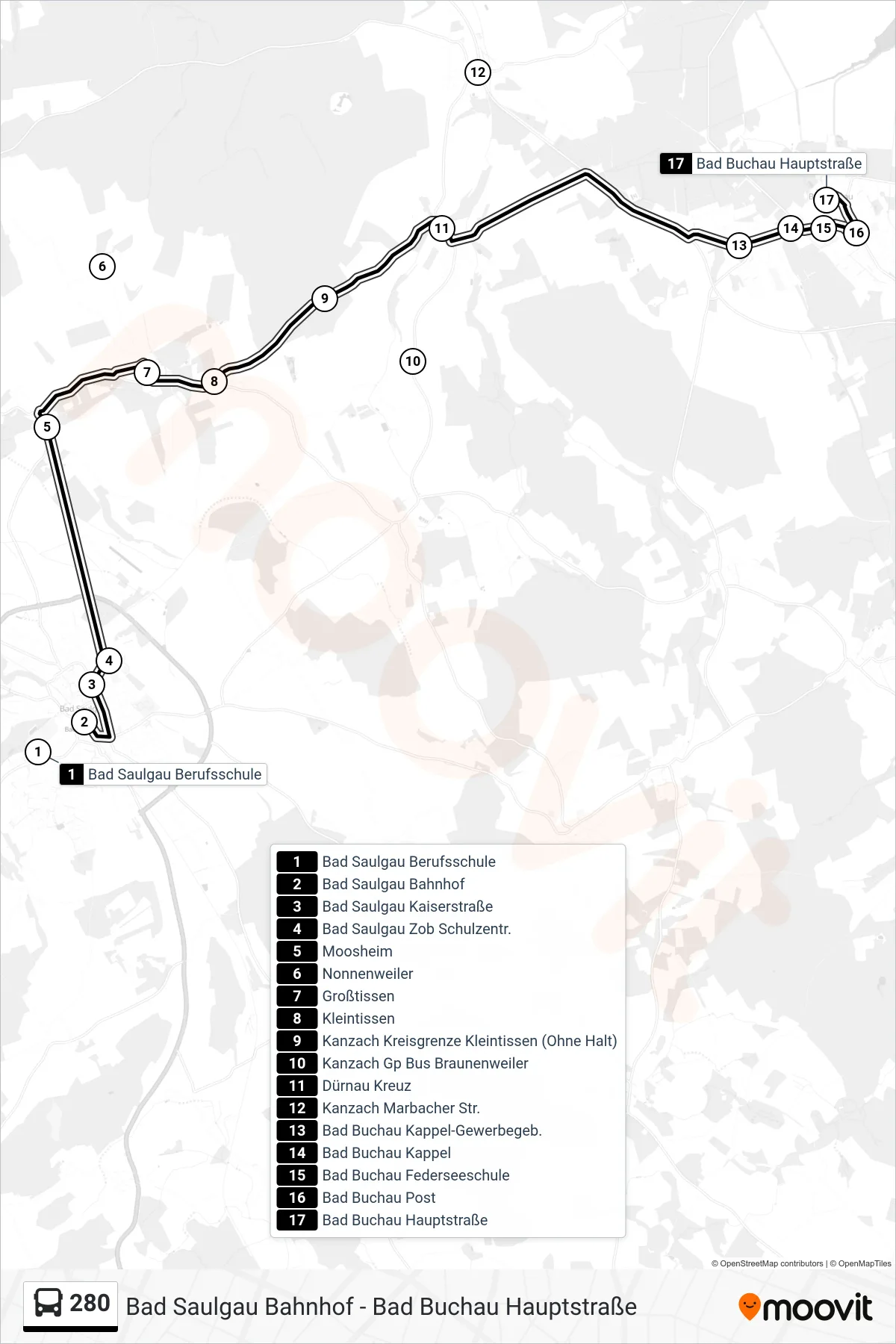 280 bus Line (Bad Buchau Hauptstraße) route and stops on a map