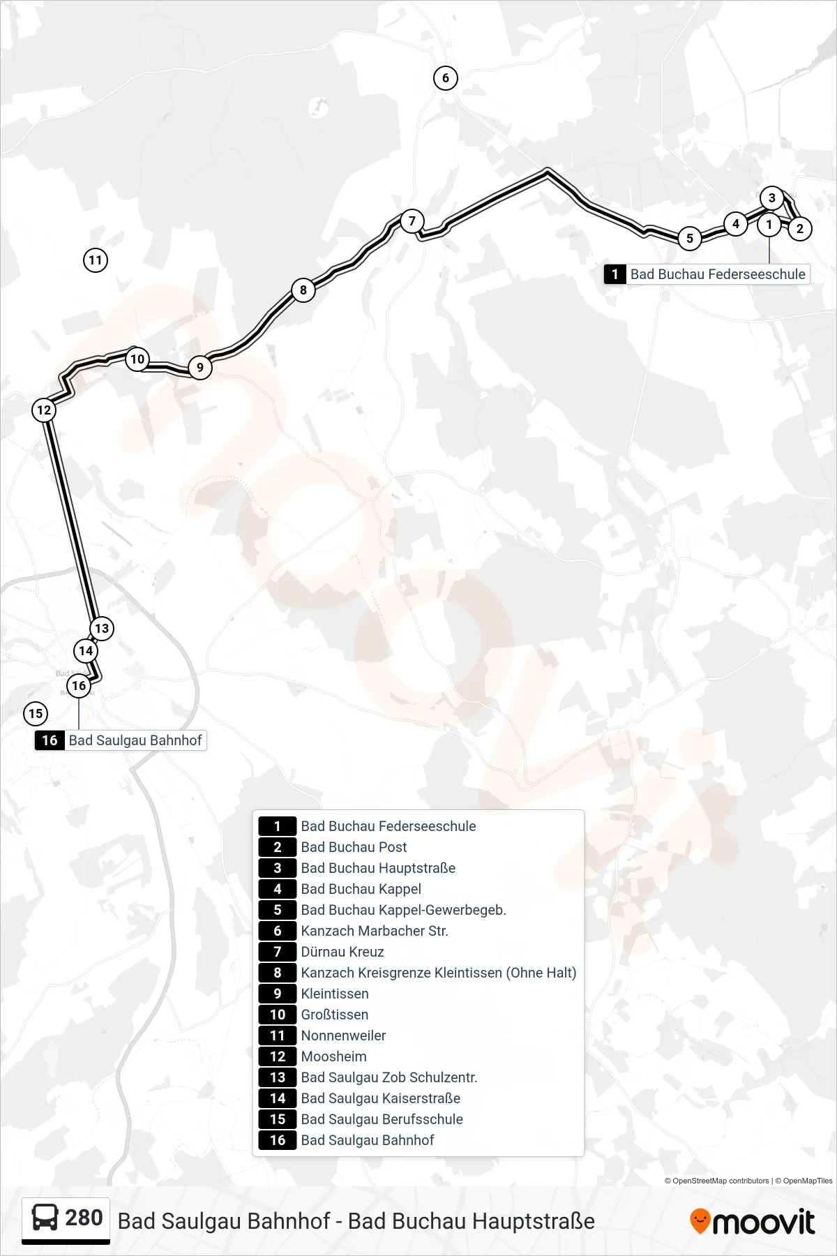 280 bus Line (Bad Saulgau Bahnhof) route and stops on a map