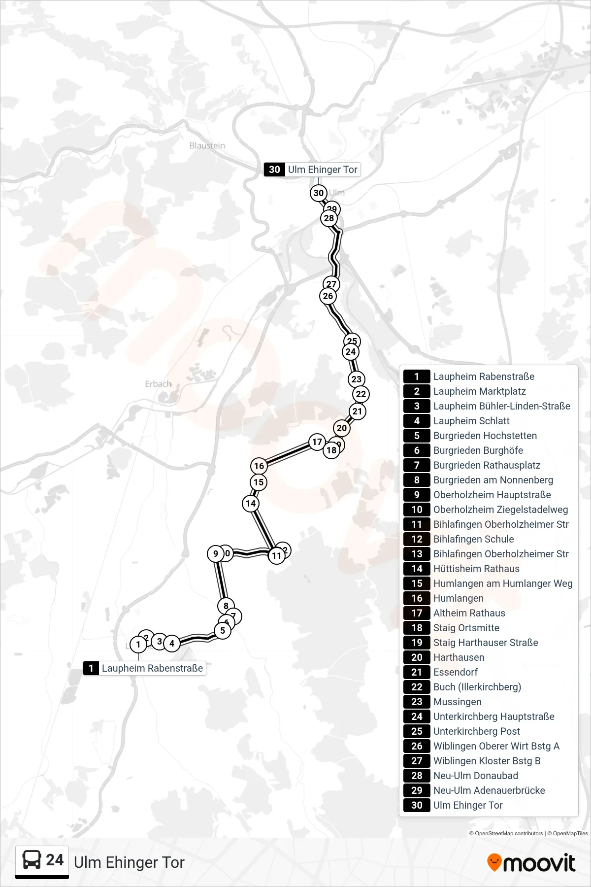 24 bus Line (Ulm Ehinger Tor) route and stops on a map