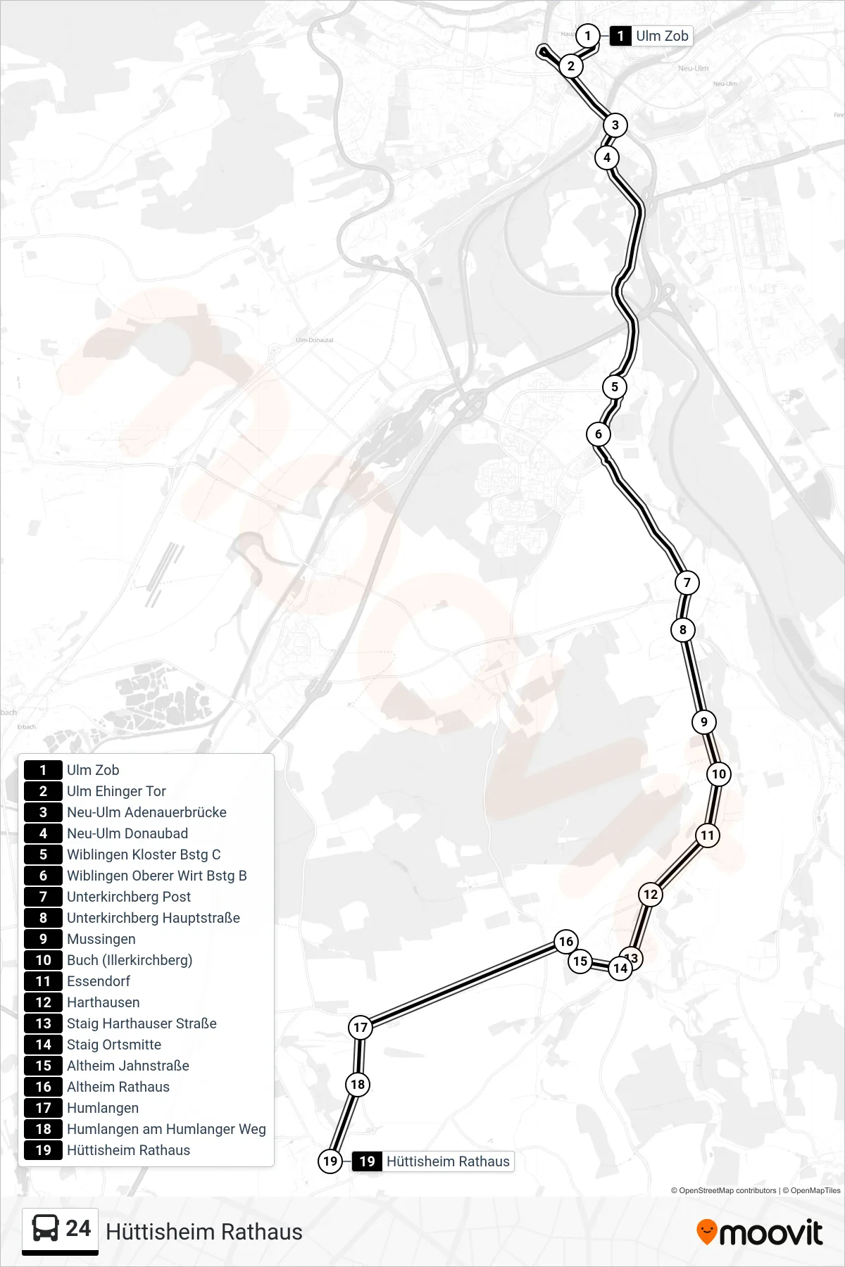 24 bus Line (Hüttisheim Rathaus) route and stops on a map