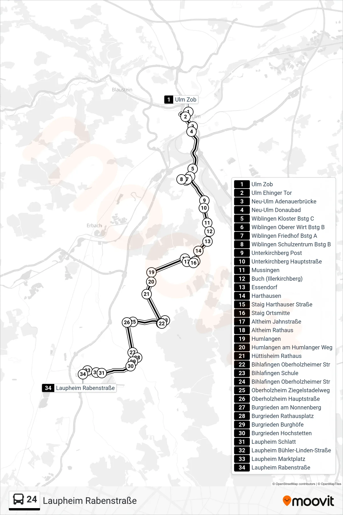 24 bus Line (Laupheim Rabenstraße) route and stops on a map