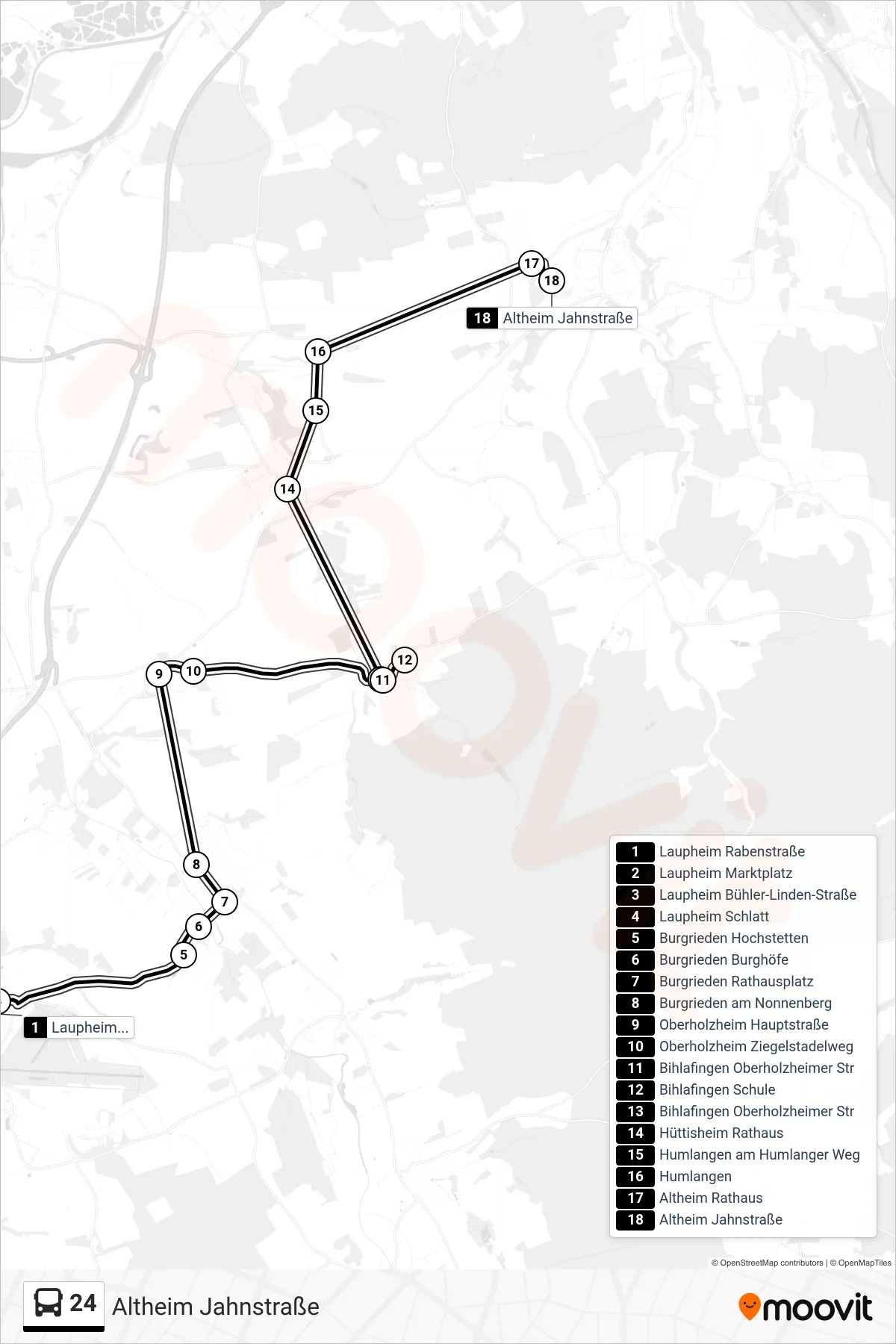 24 bus Line (Altheim Jahnstraße) route and stops on a map