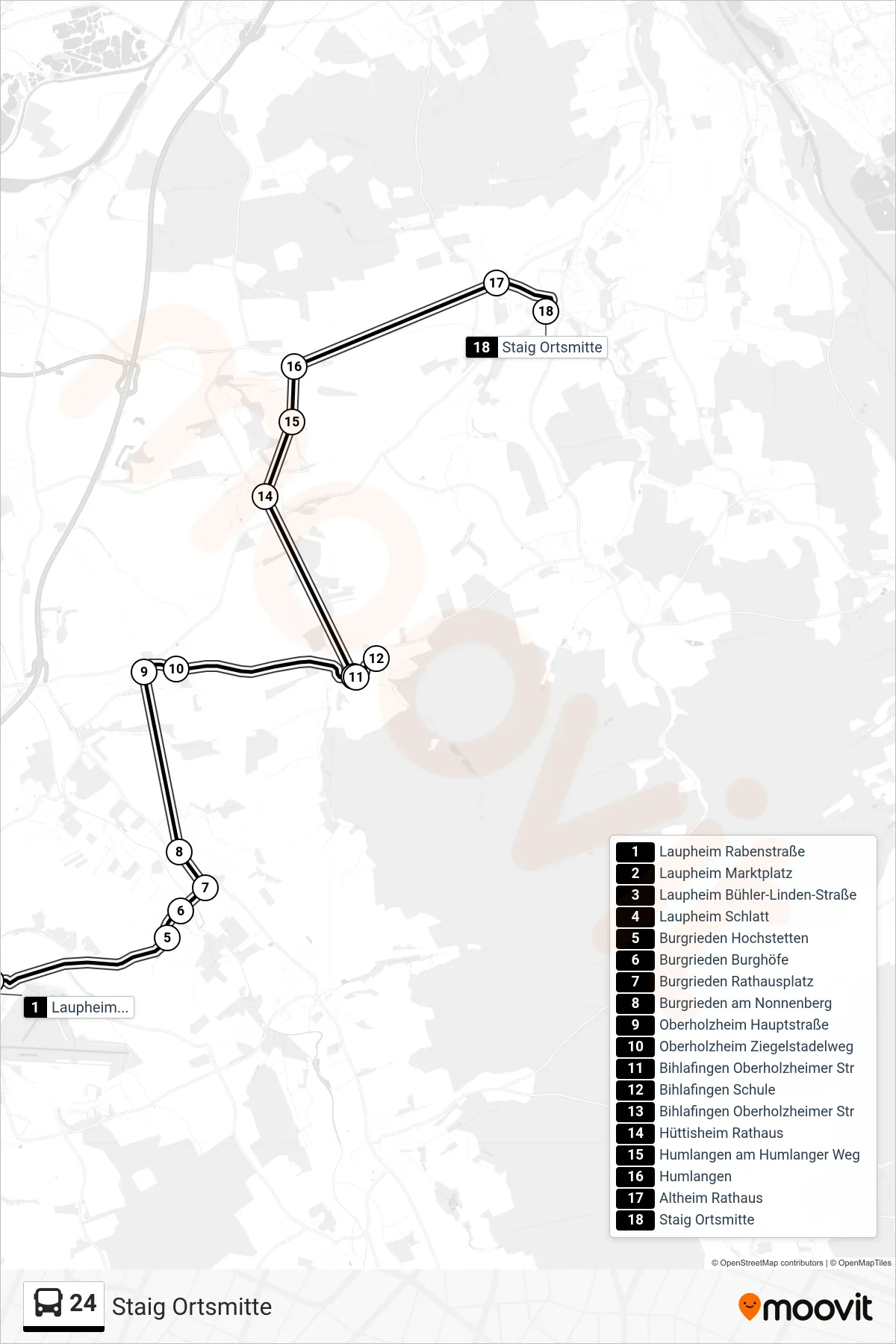 24 bus Line (Staig Ortsmitte) route and stops on a map