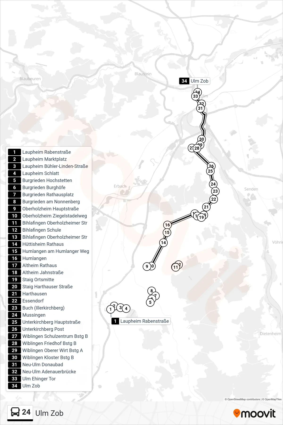 24 bus Line (Ulm Zob) route and stops on a map