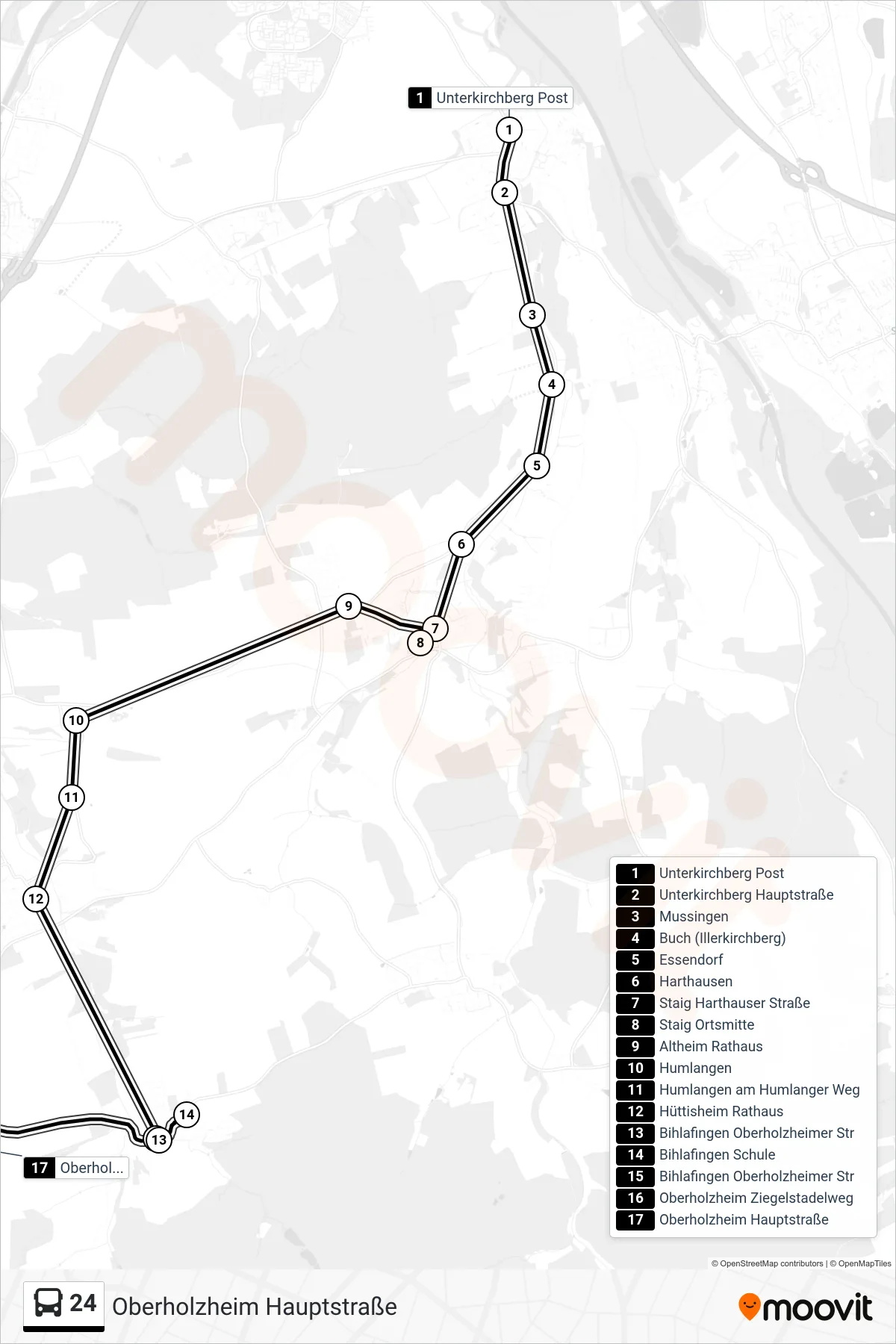 24 bus Line (Oberholzheim Hauptstraße) route and stops on a map