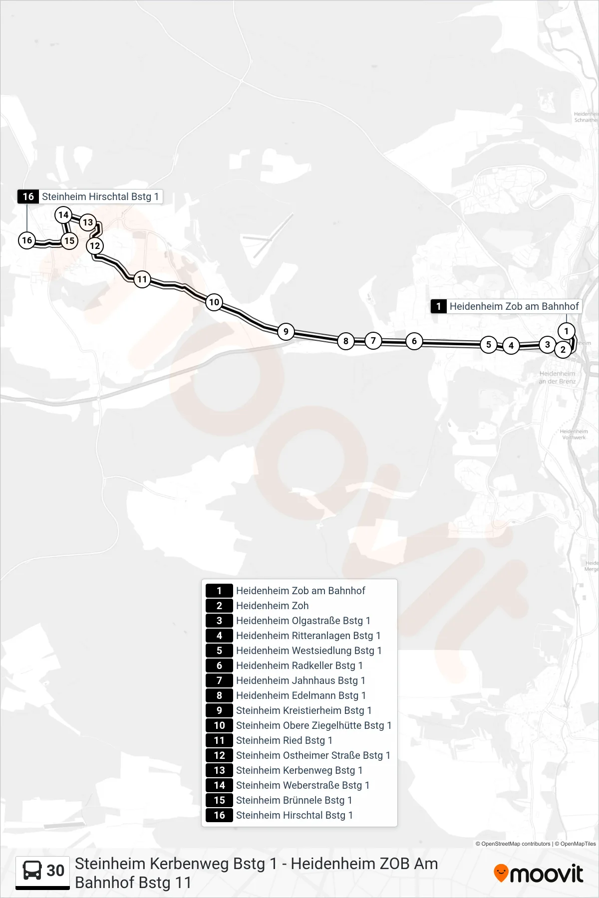 30 bus Line (Steinheim Hirschtal) route and stops on a map