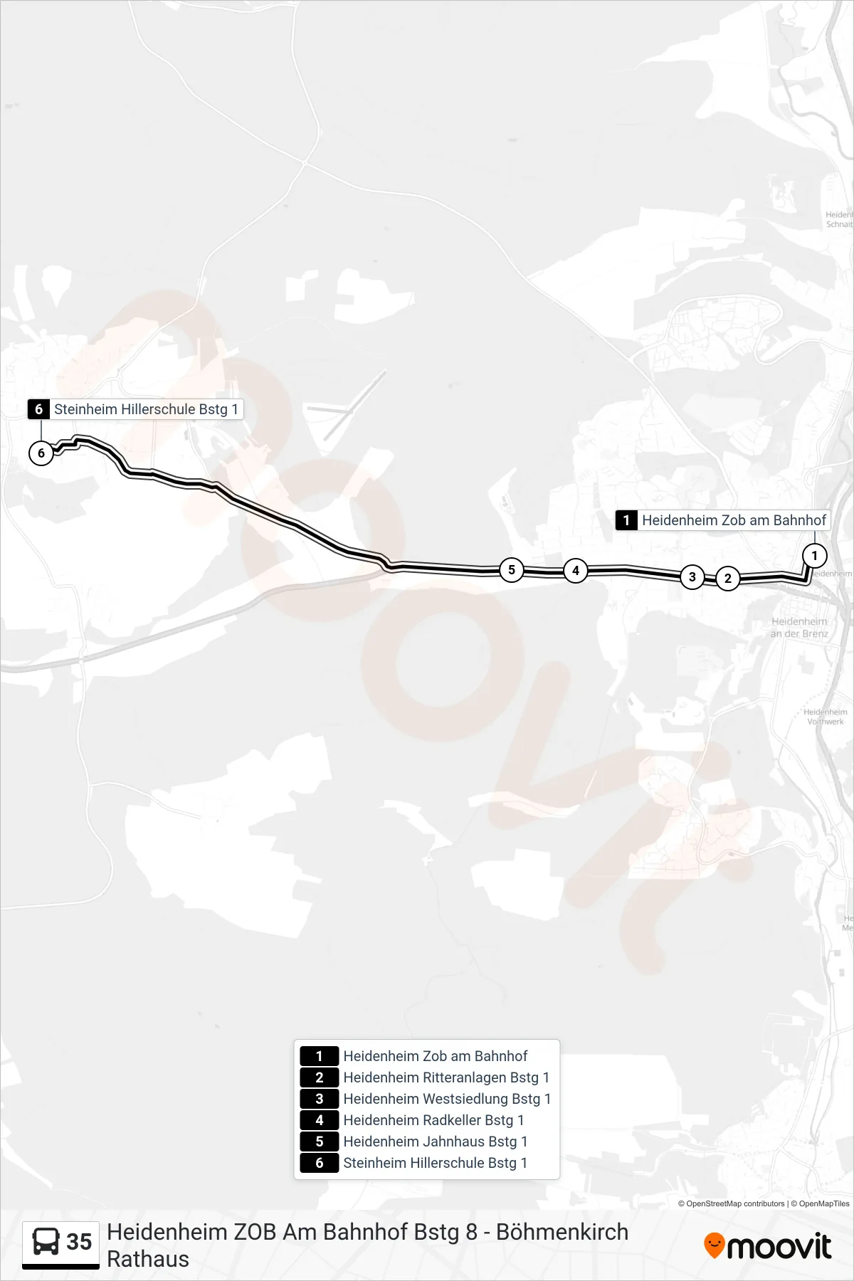 35 bus Line (Steinheim Hillerschule) route and stops on a map