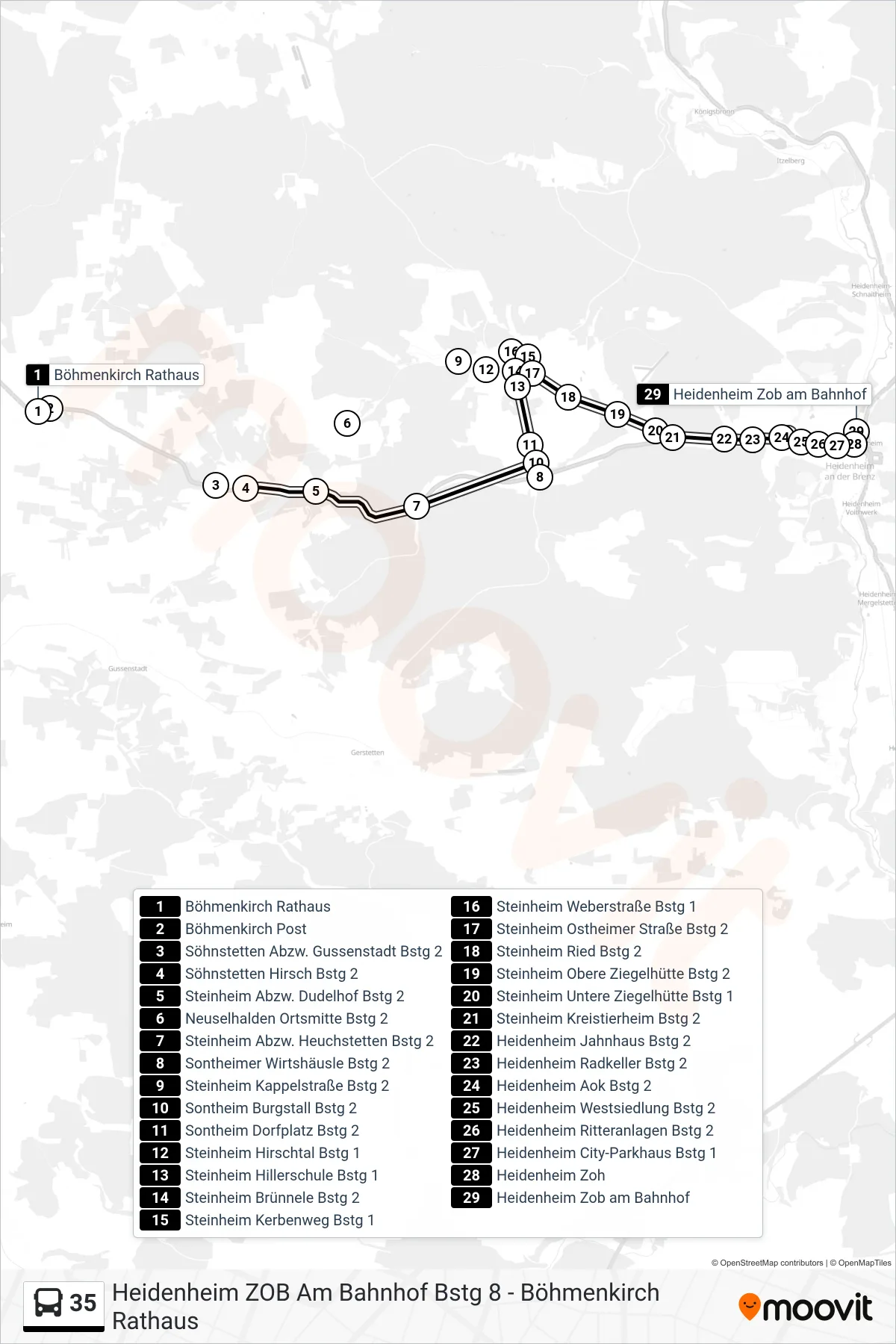 35 bus Line (Heidenheim Zob am Bahnhof) route and stops on a map
