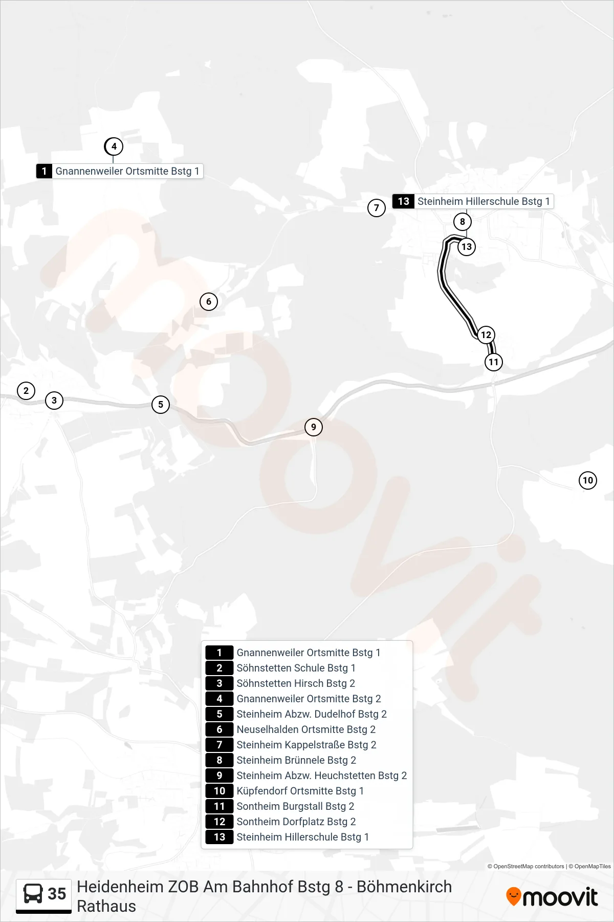 35 bus Line (Steinheim Hillerschule) route and stops on a map