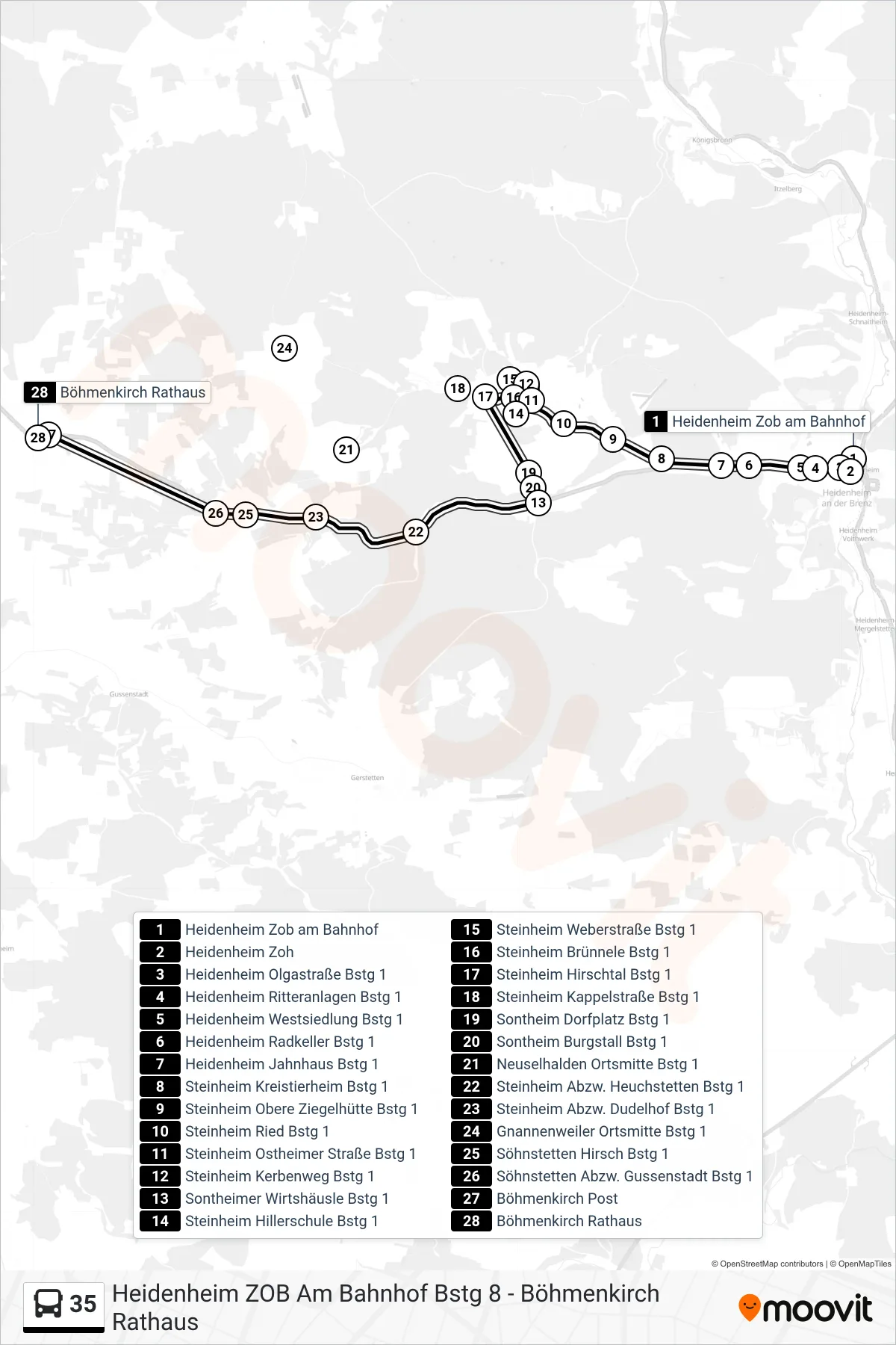 35 bus Line (Böhmenkirch Rathaus) route and stops on a map