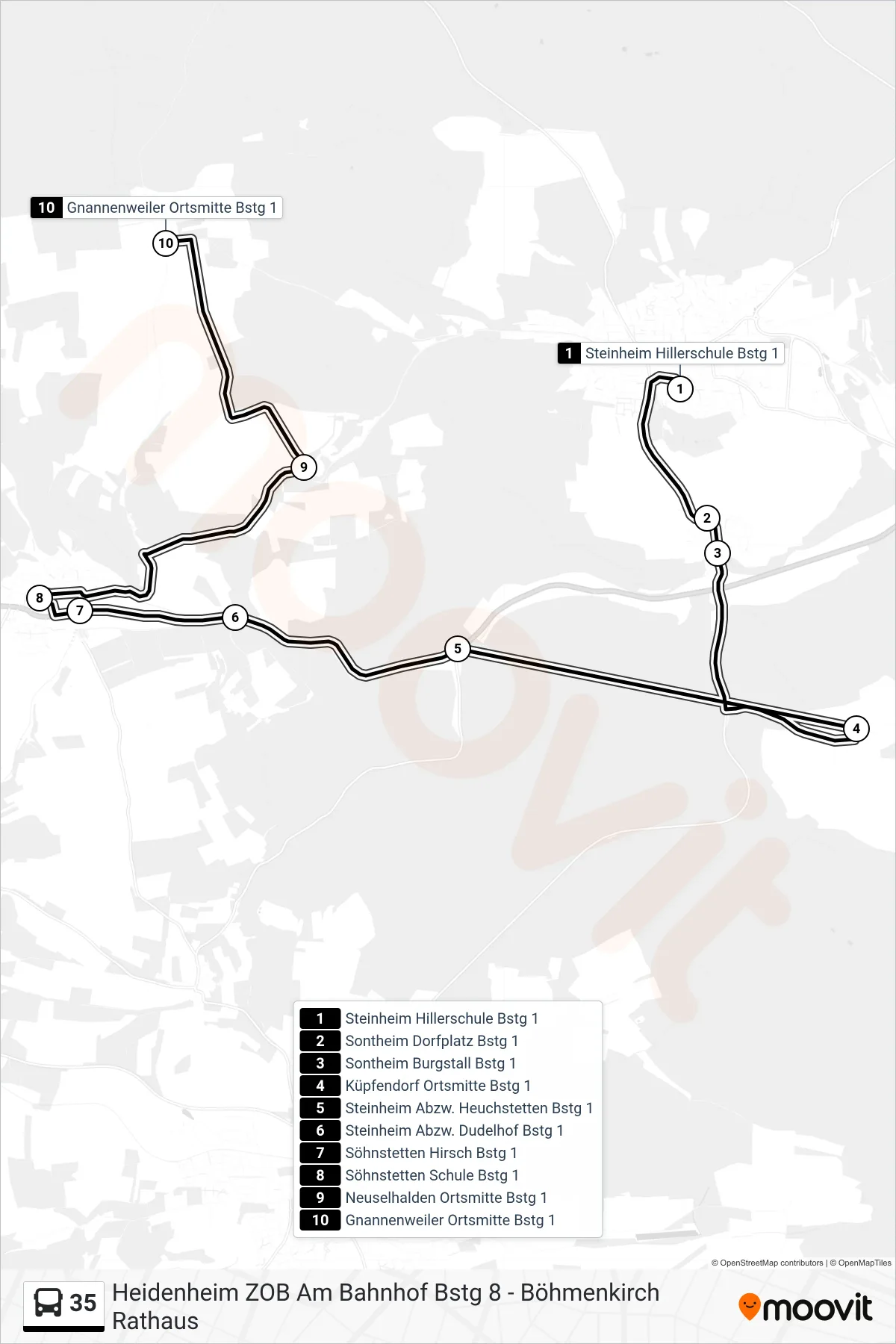 35 bus Line (Gnannenweiler Ortsmitte) route and stops on a map