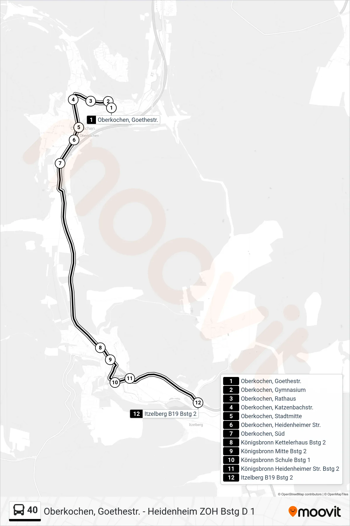 Linie 40 (Bus) Richtung Itzelberg B19: Route und Haltestellen auf der Karte