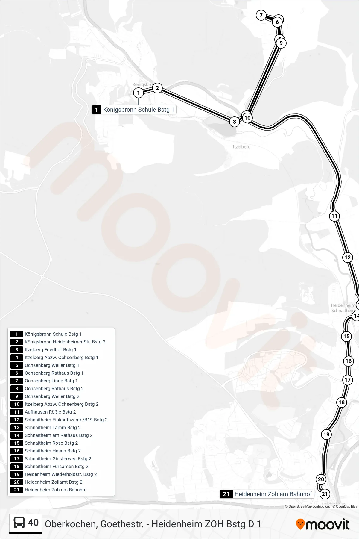 40 bus Line (Heidenheim Zob am Bahnhof) route and stops on a map