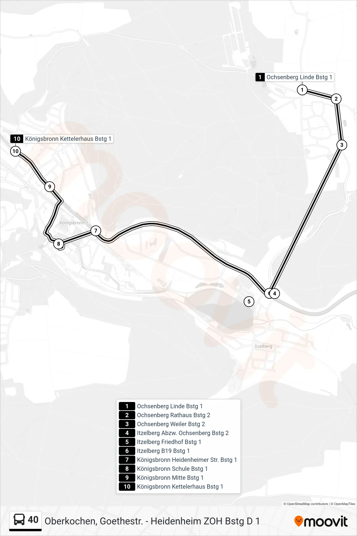 40 bus Line (Königsbronn Kettelerhaus) route and stops on a map