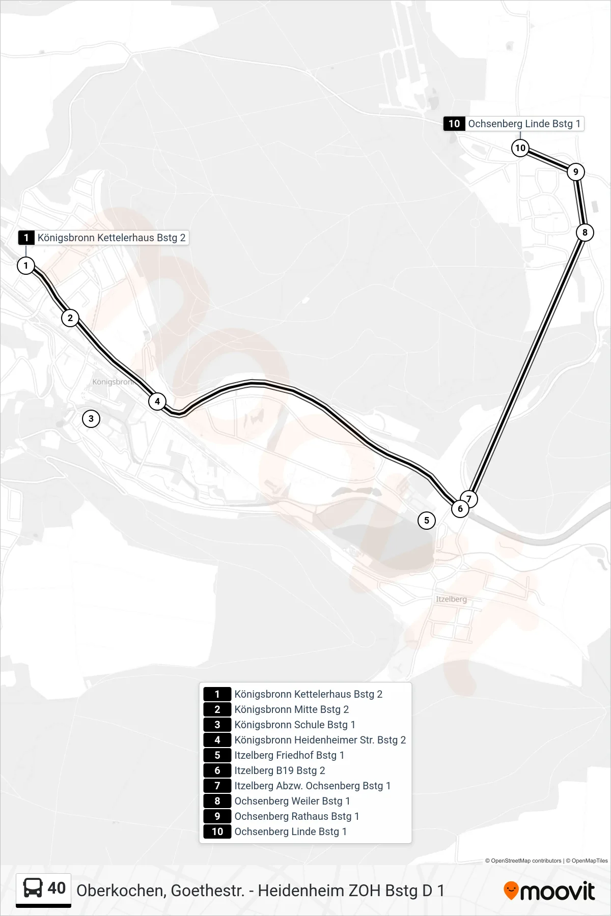 40 bus Line (Ochsenberg Linde) route and stops on a map