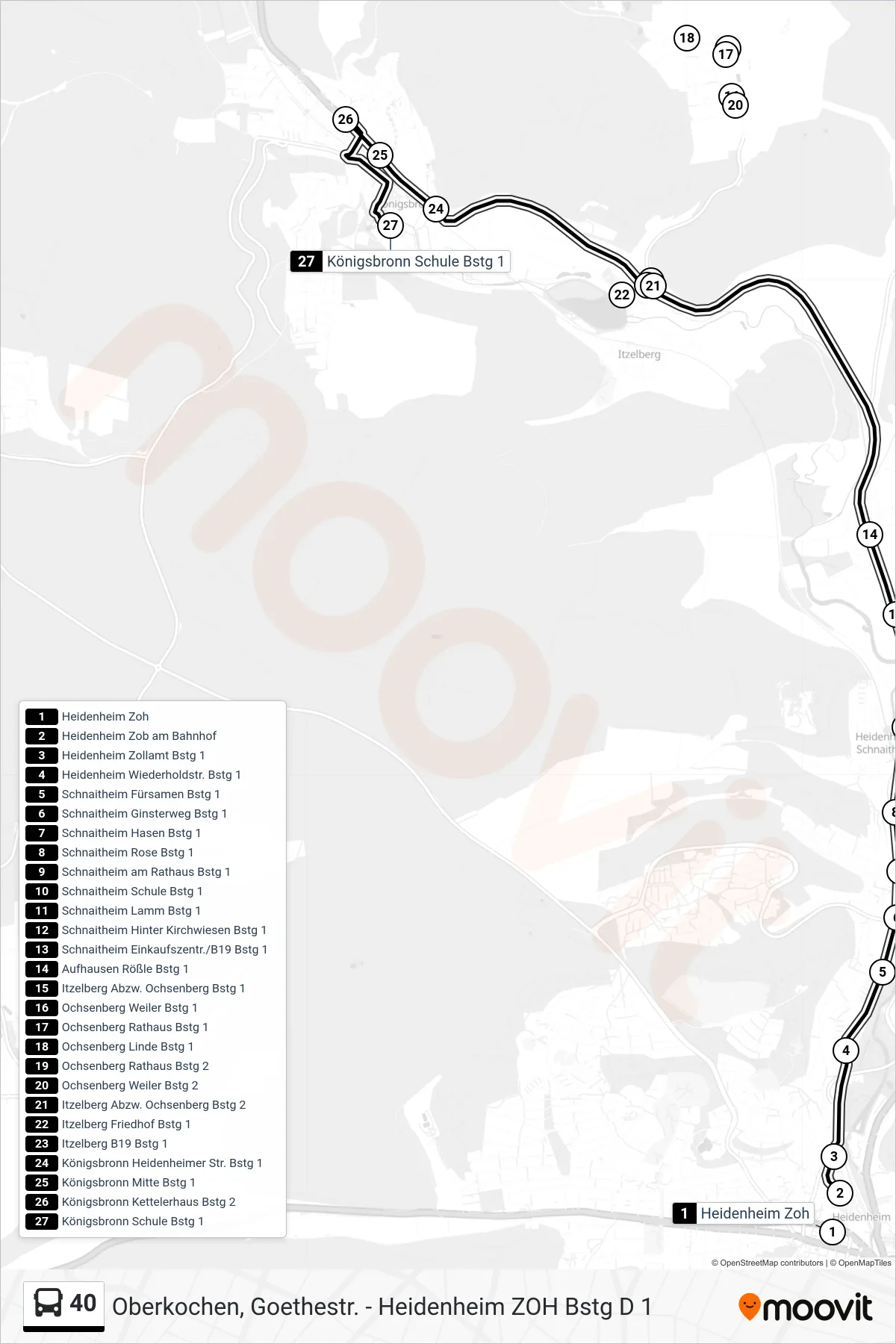 40 bus Line (Königsbronn Schule) route and stops on a map