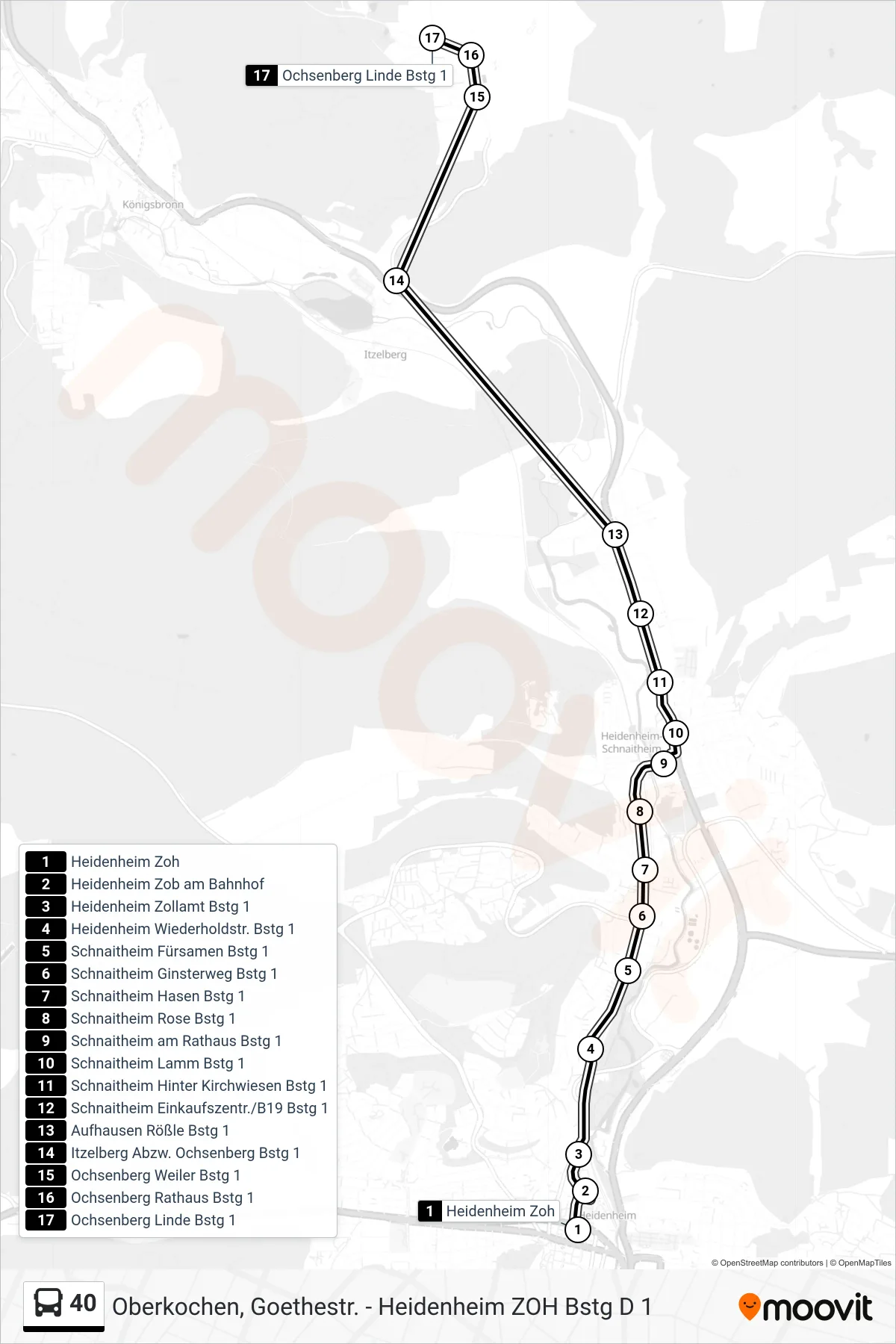 40 bus Line (Ochsenberg Linde) route and stops on a map