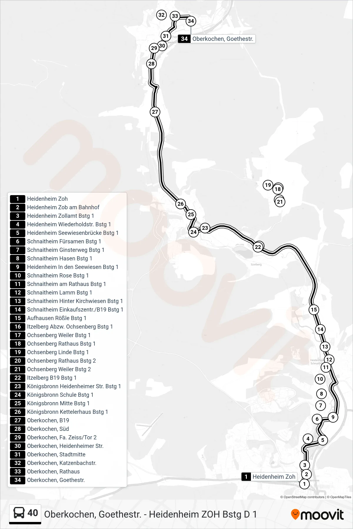 40 bus Line (Oberkochen, Goethestr.) route and stops on a map