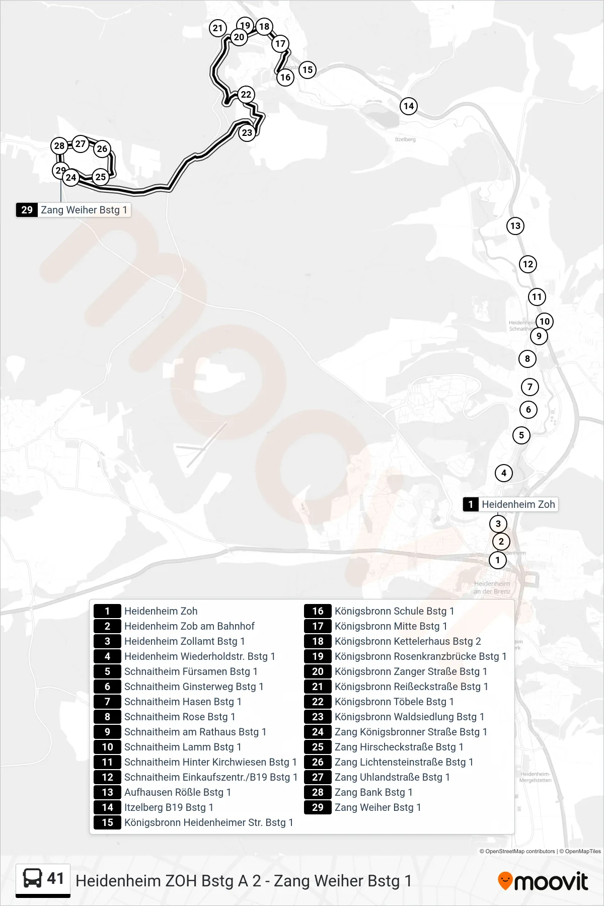 41 bus Line (Zang Weiher) route and stops on a map
