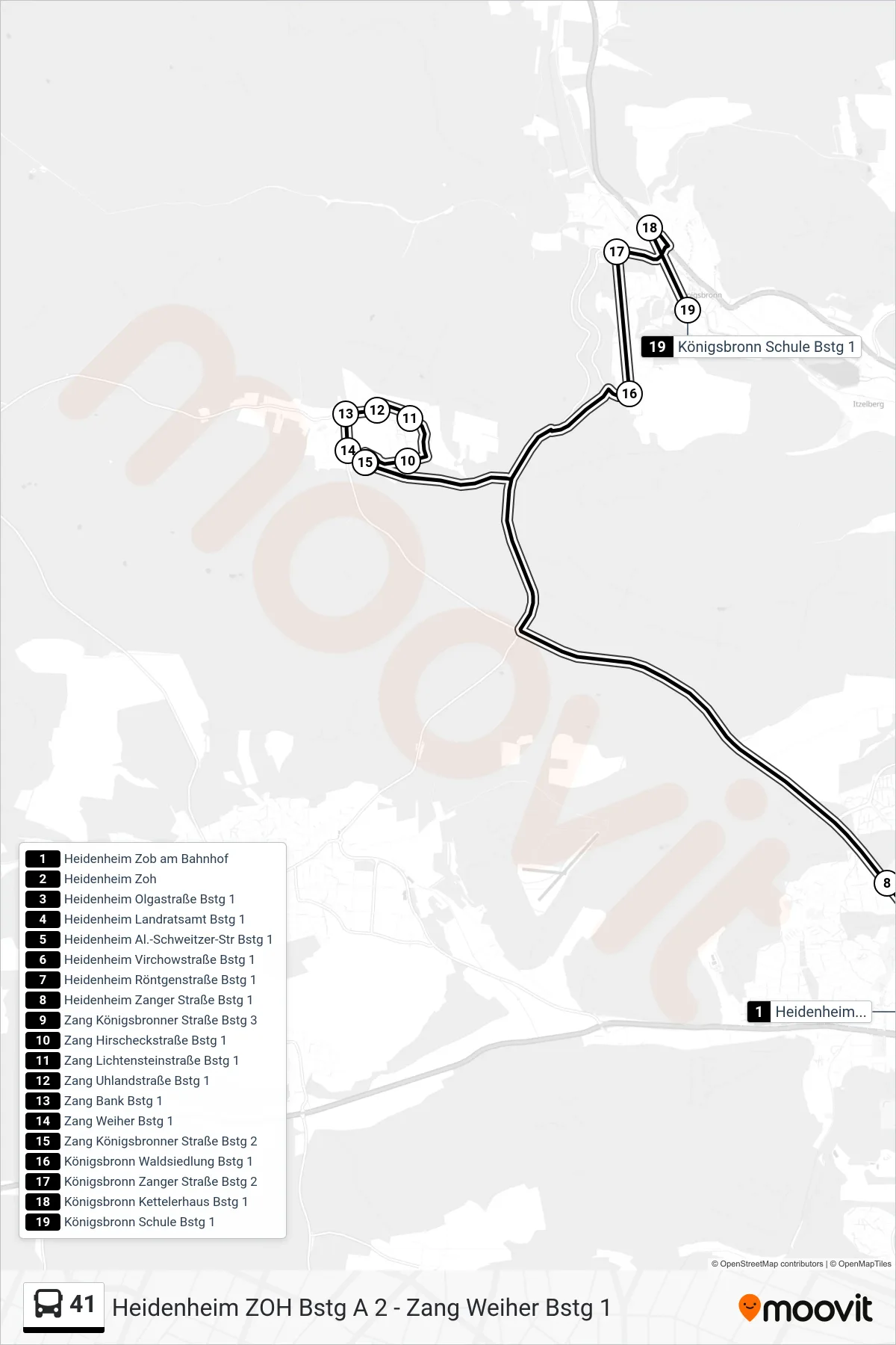 41 bus Line (Königsbronn Schule) route and stops on a map