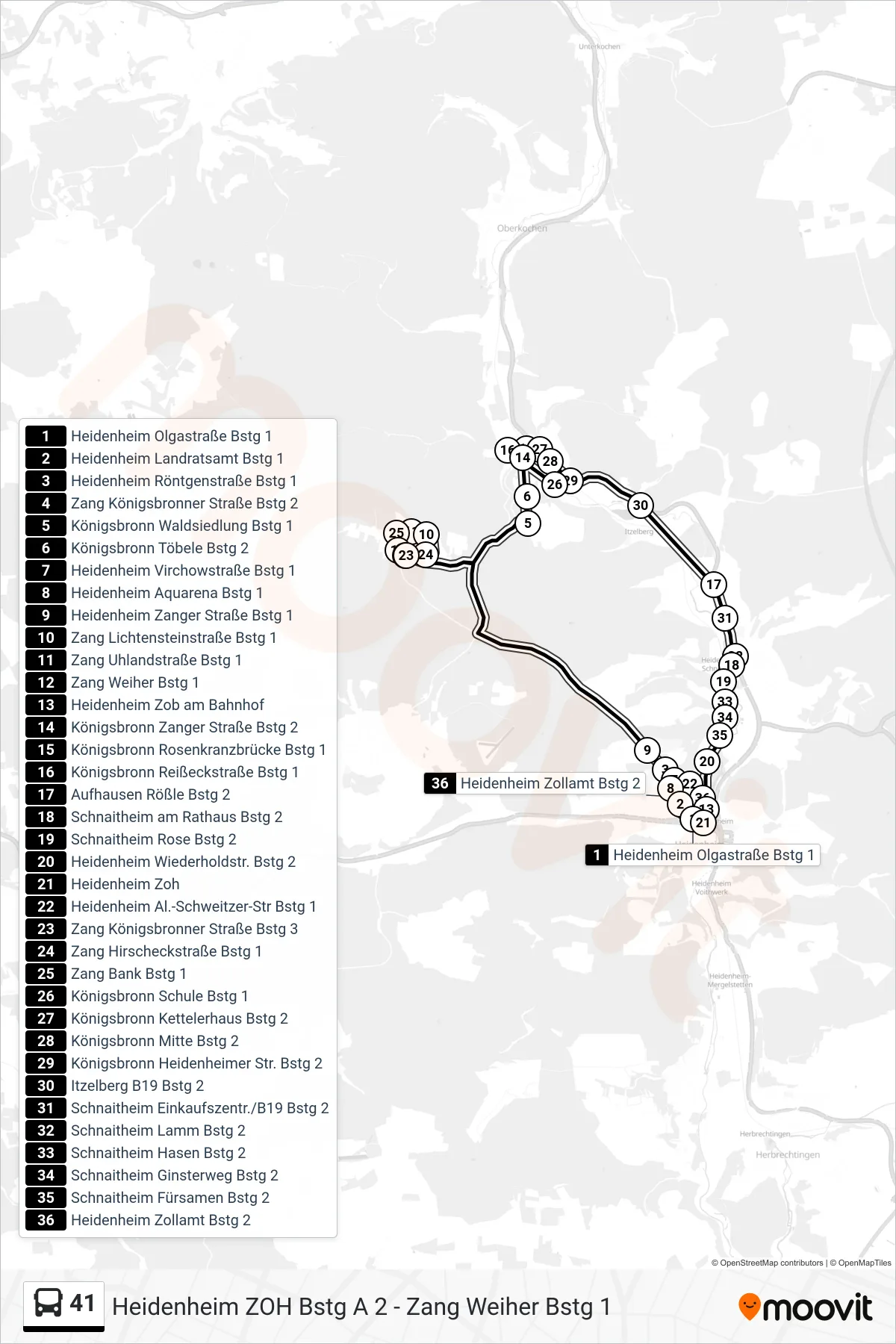 41 bus Line (Heidenheim Zoh) route and stops on a map
