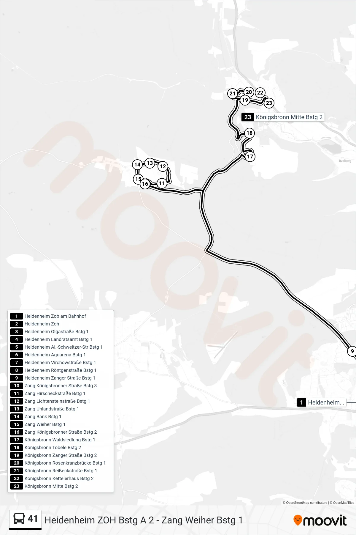 41 bus Line (Königsbronn Mitte) route and stops on a map