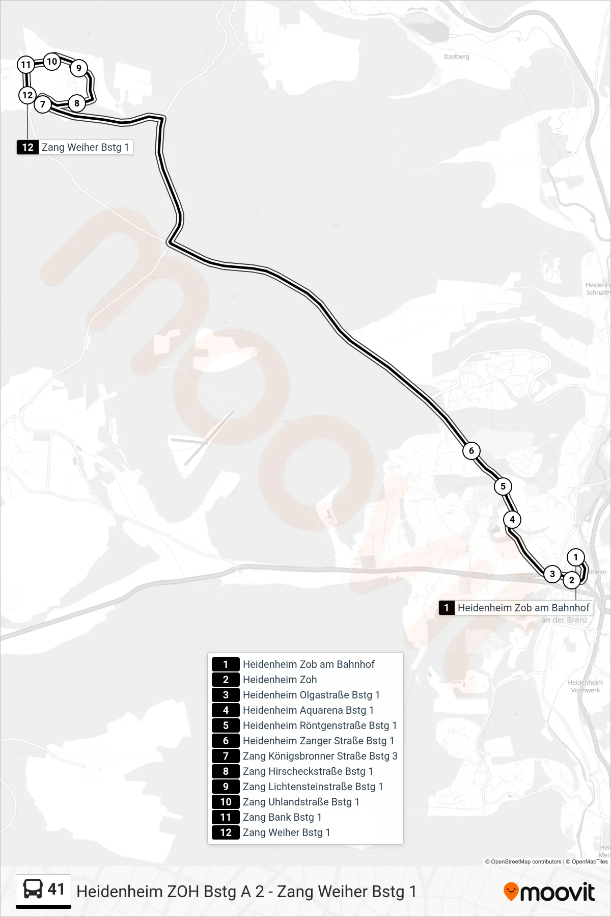 41 bus Line (Zang Weiher) route and stops on a map