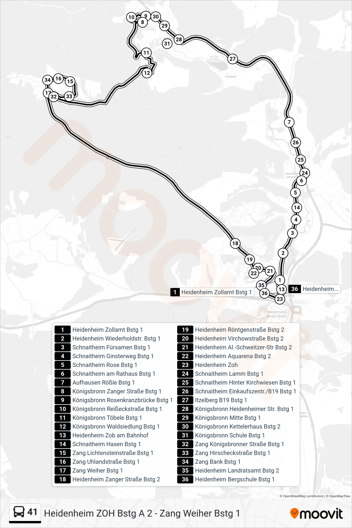 41 bus Line (Heidenheim Zob am Bahnhof) route and stops on a map