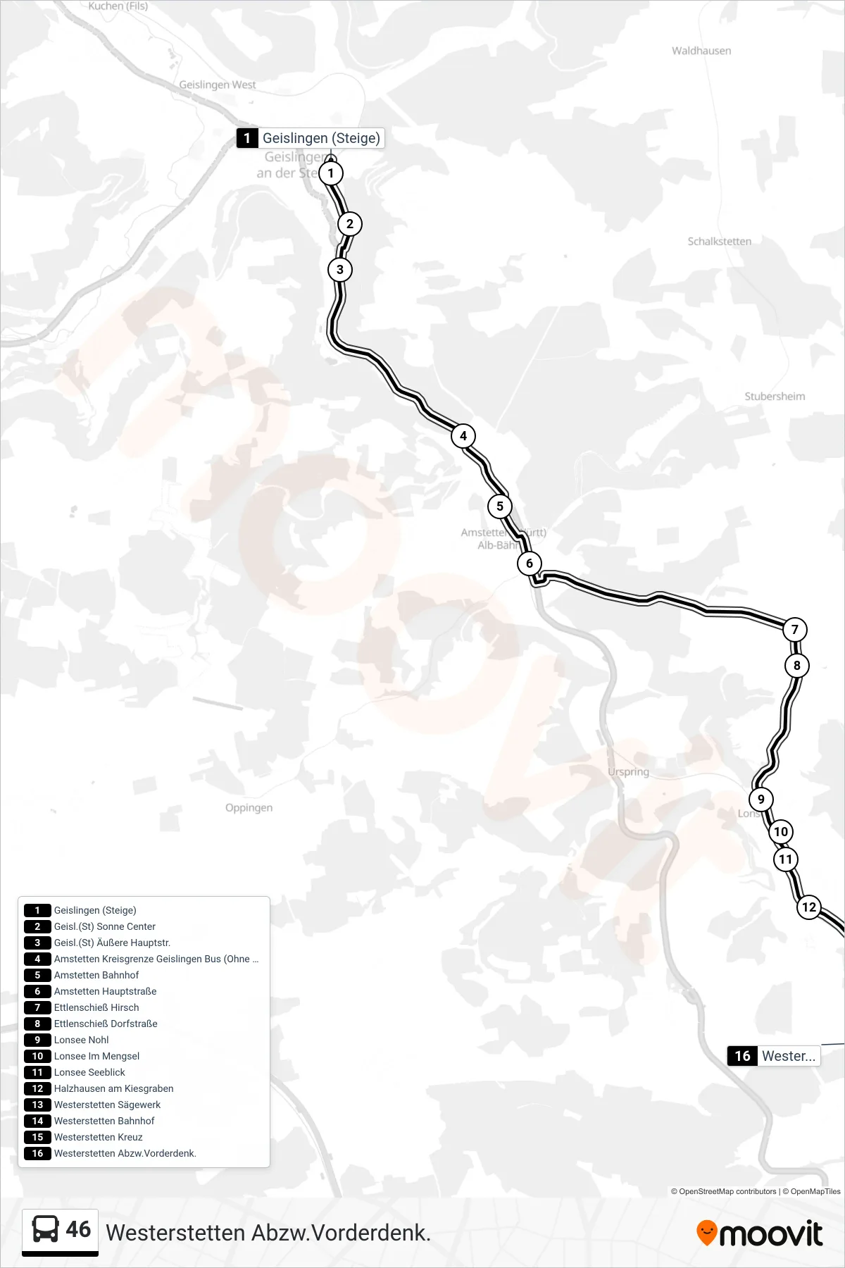 46 bus Line (Westerstetten Abzw.Vorderdenk.) route and stops on a map