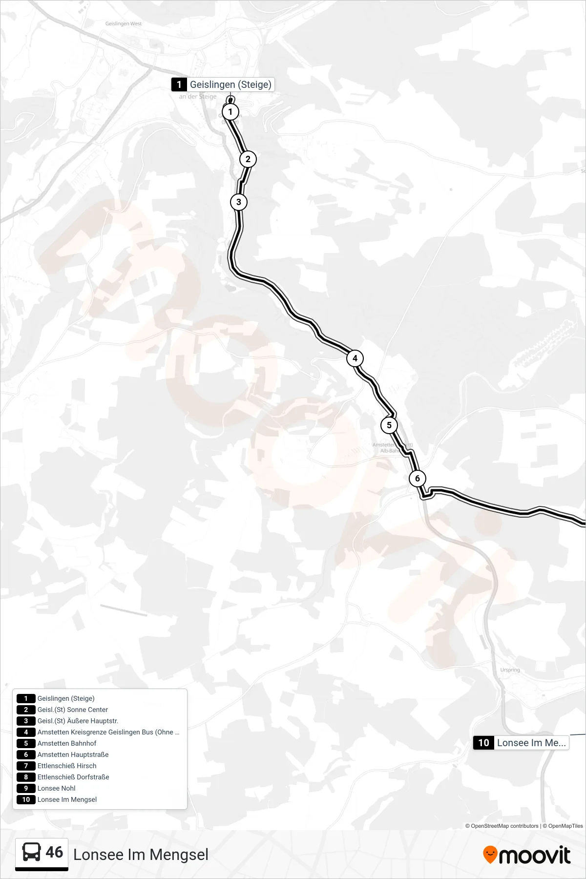 46 bus Line (Lonsee Im Mengsel) route and stops on a map