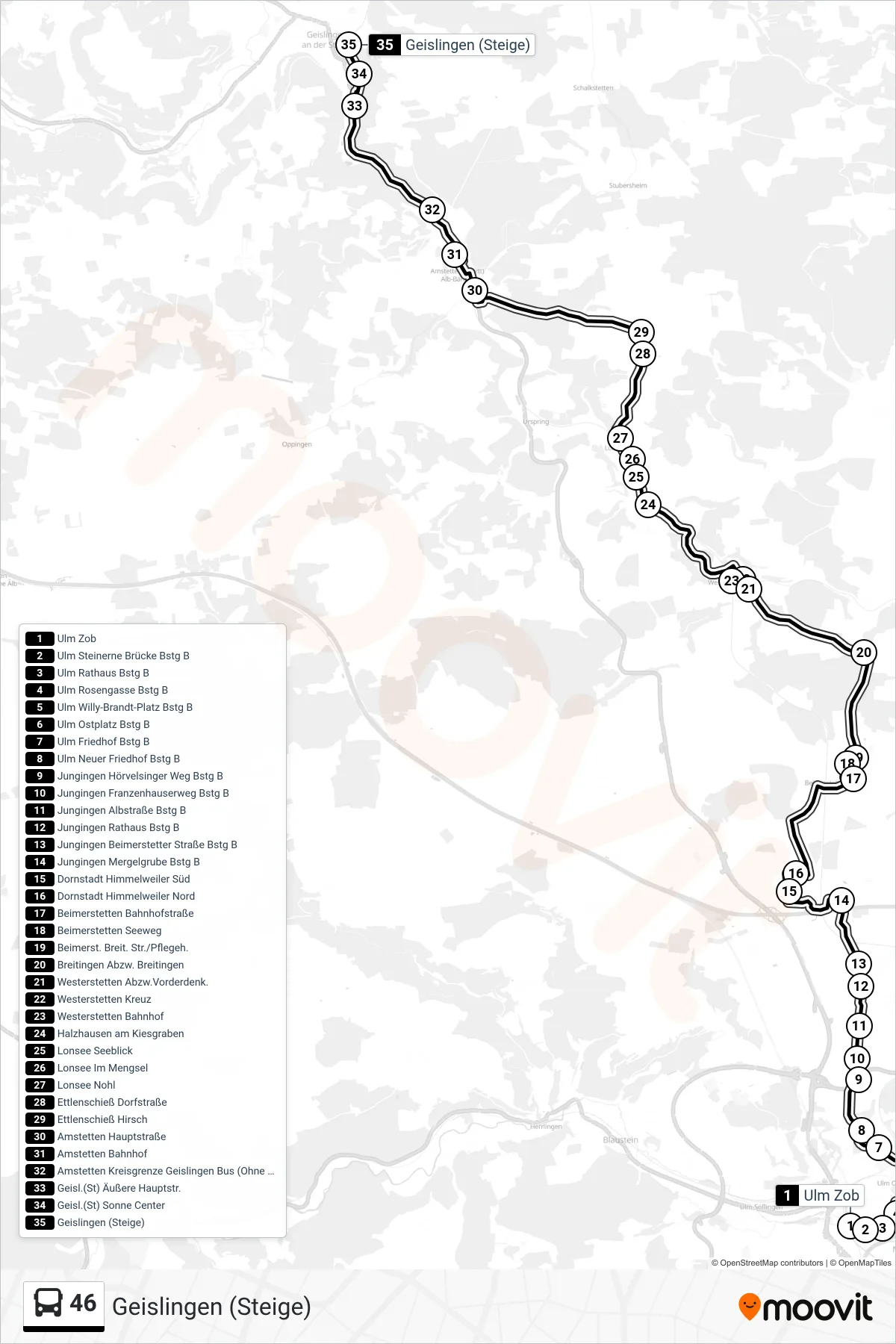 46 bus Line (Geislingen (Steige)) route and stops on a map