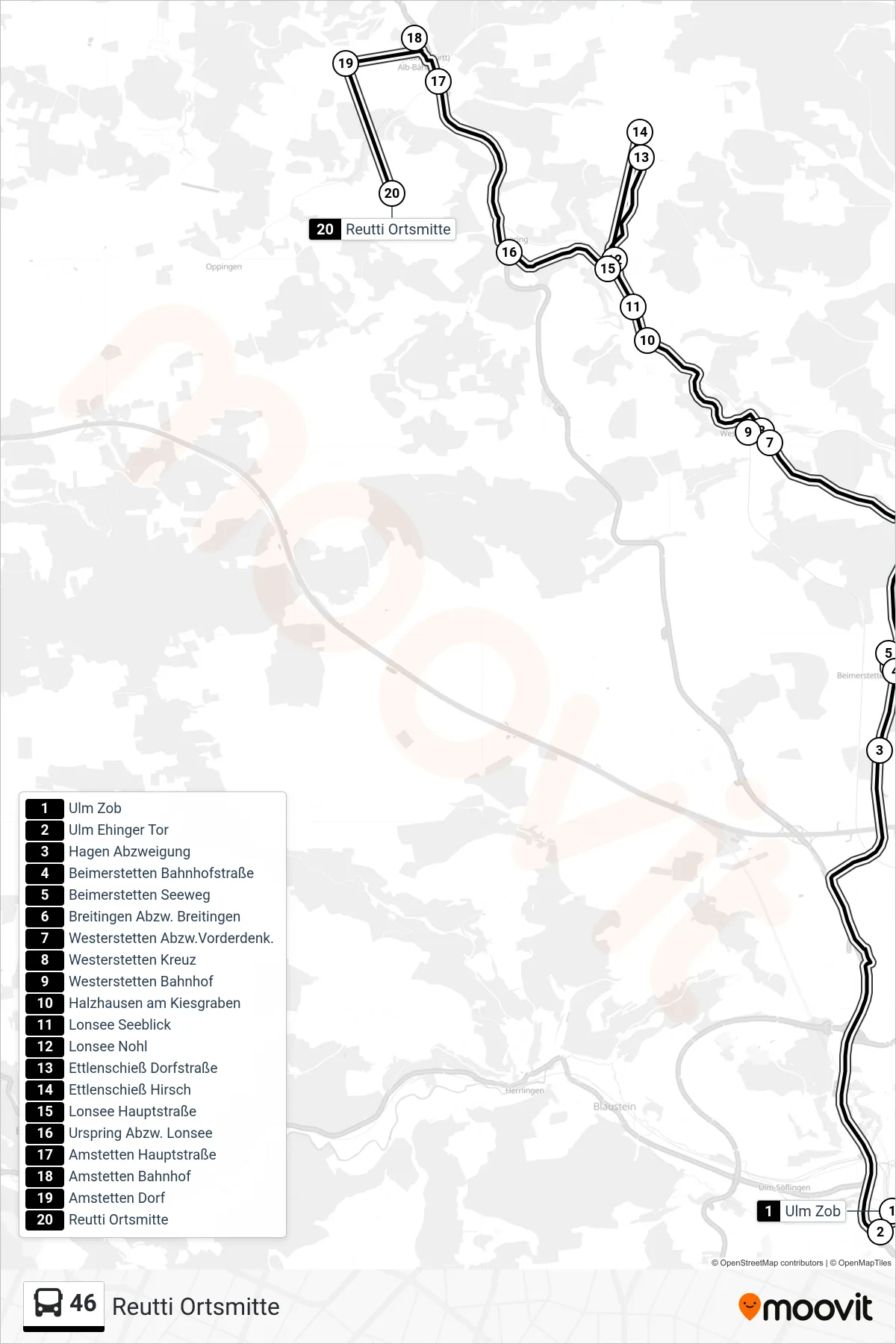 46 bus Line (Reutti Ortsmitte) route and stops on a map