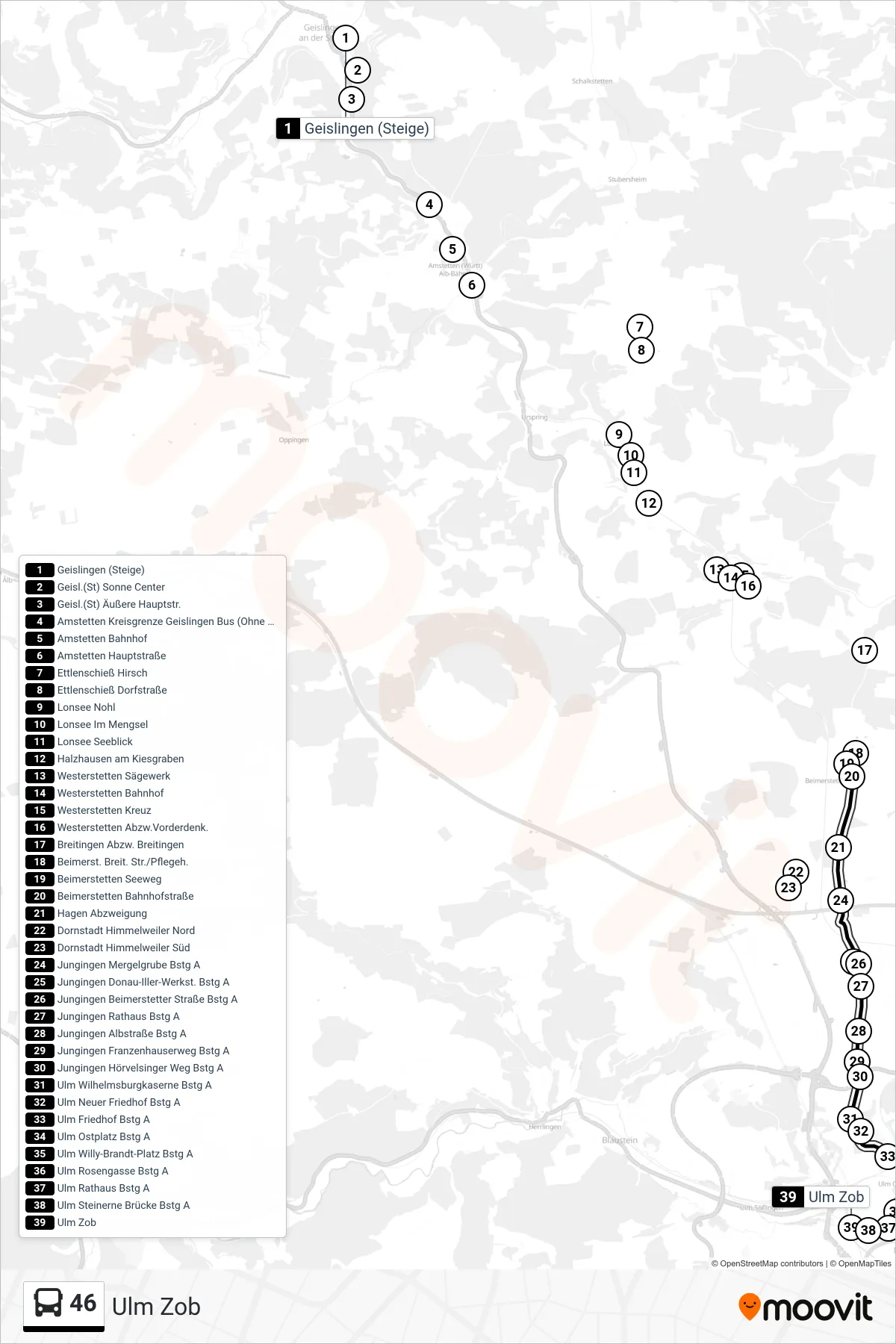 46 bus Line (Ulm Zob) route and stops on a map