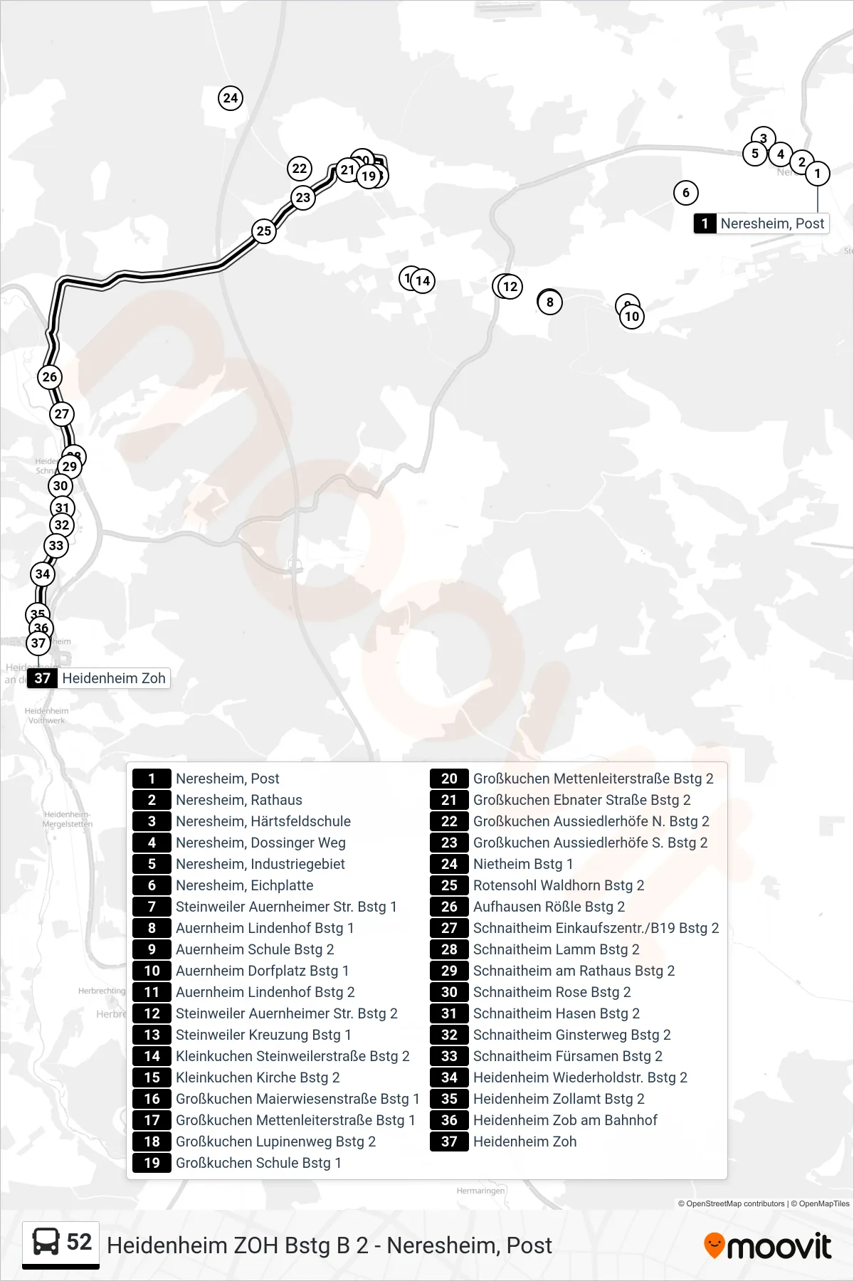 52 bus Line (Heidenheim Zoh) route and stops on a map