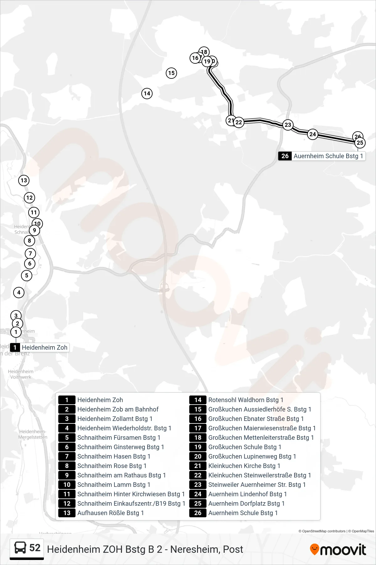 52 bus Line (Auernheim Schule) route and stops on a map