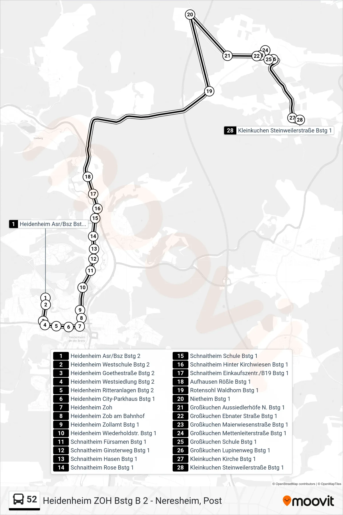 52 bus Line (Kleinkuchen Steinweilerstraße) route and stops on a map