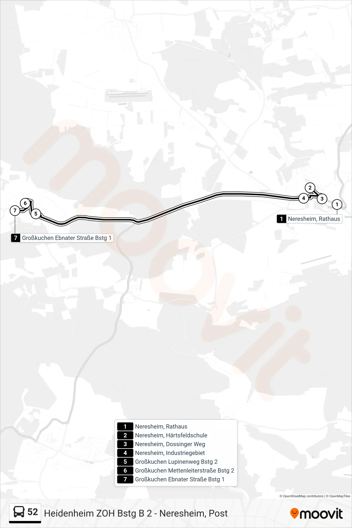 52 bus Line (Großkuchen Ebnater Straße) route and stops on a map