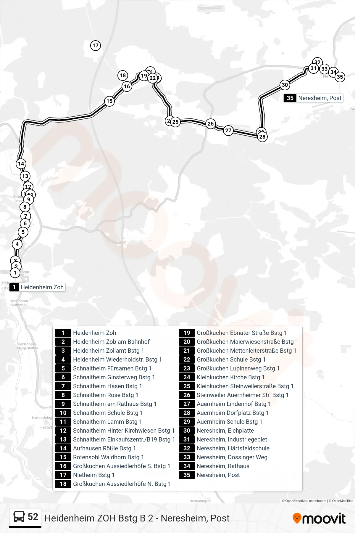 52 bus Line (Neresheim, Post) route and stops on a map