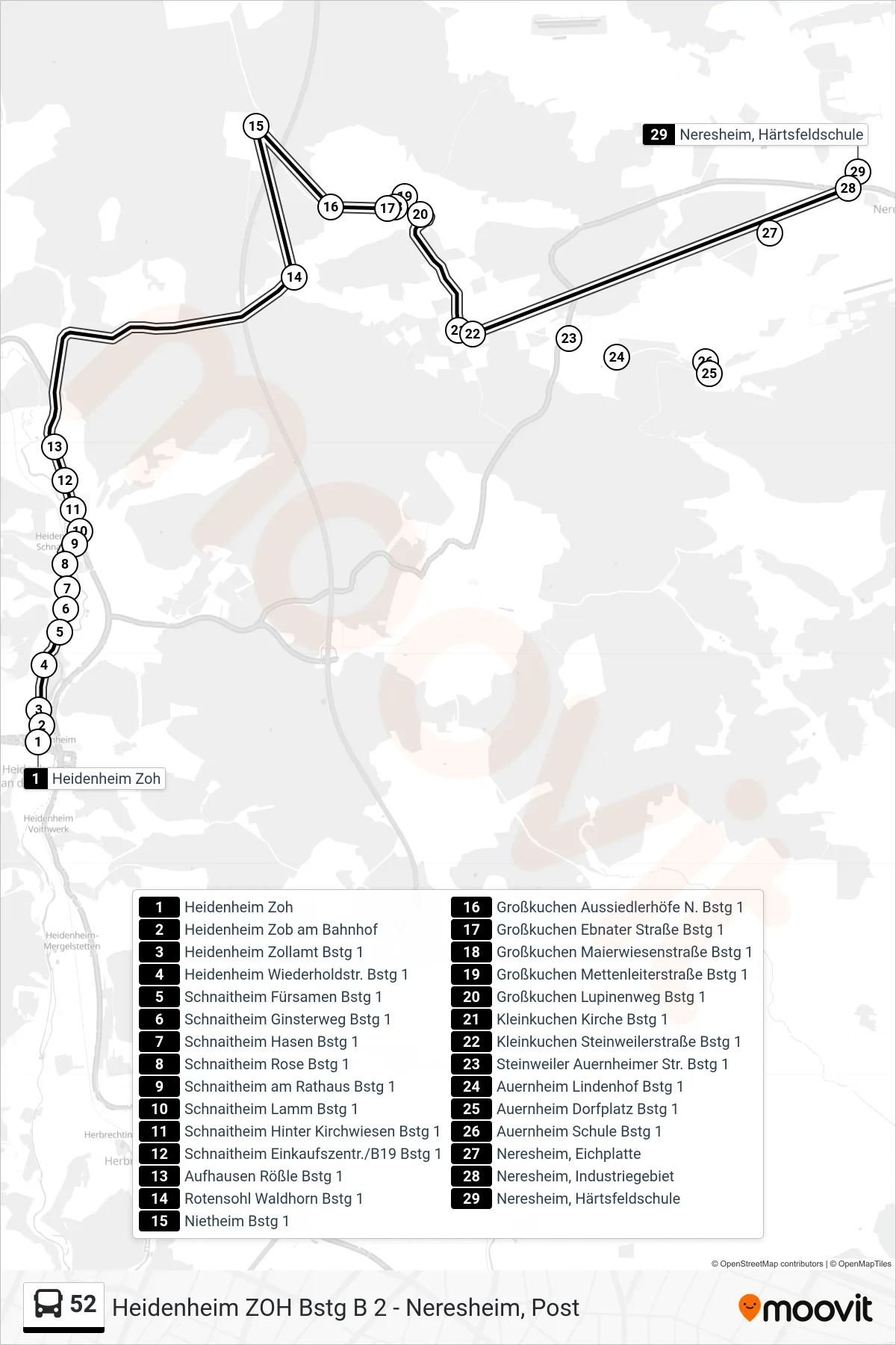 52 bus Line (Neresheim, Härtsfeldschule) route and stops on a map
