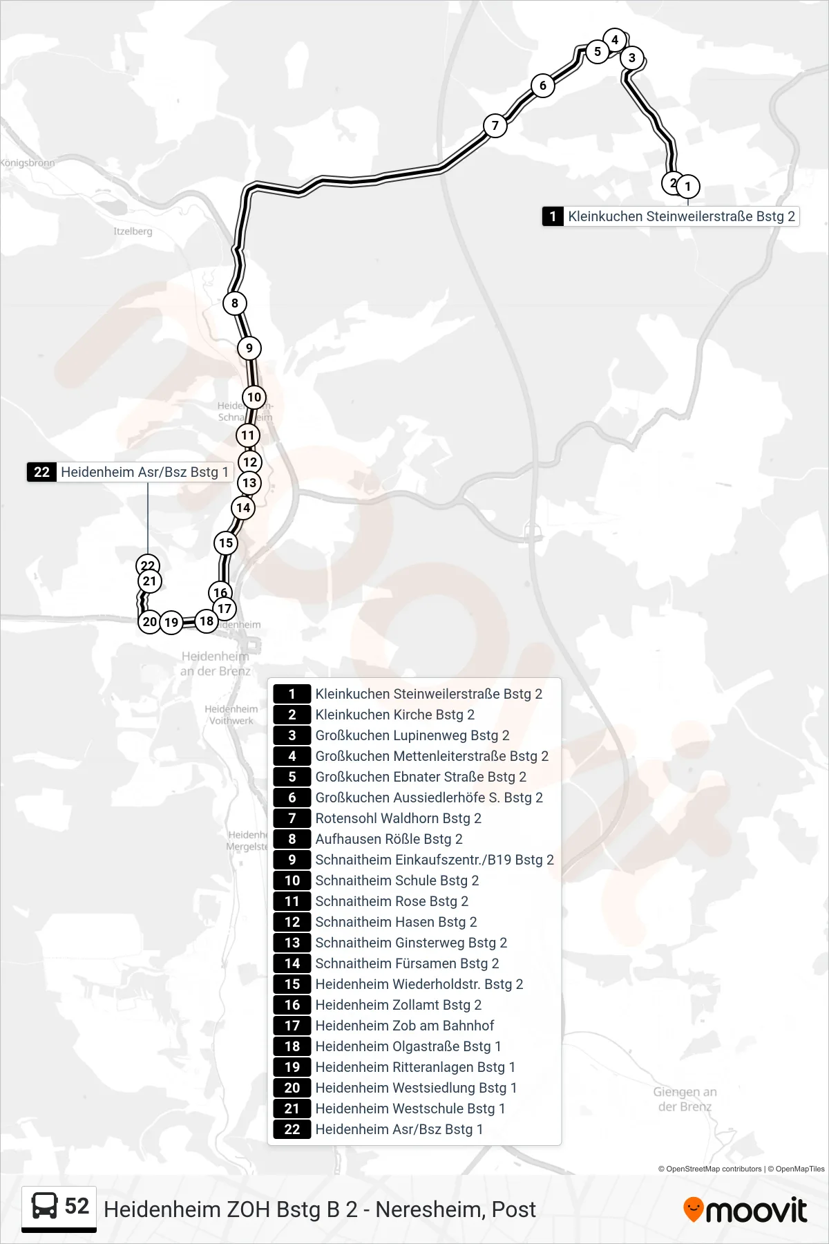 52 bus Line (Heidenheim Asr/Bsz) route and stops on a map