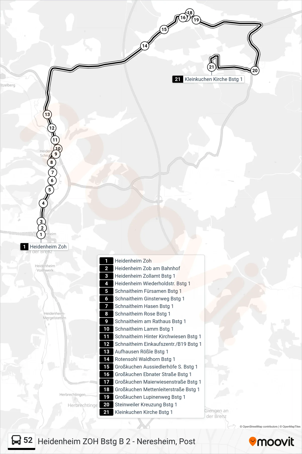 52 bus Line (Kleinkuchen Kirche) route and stops on a map