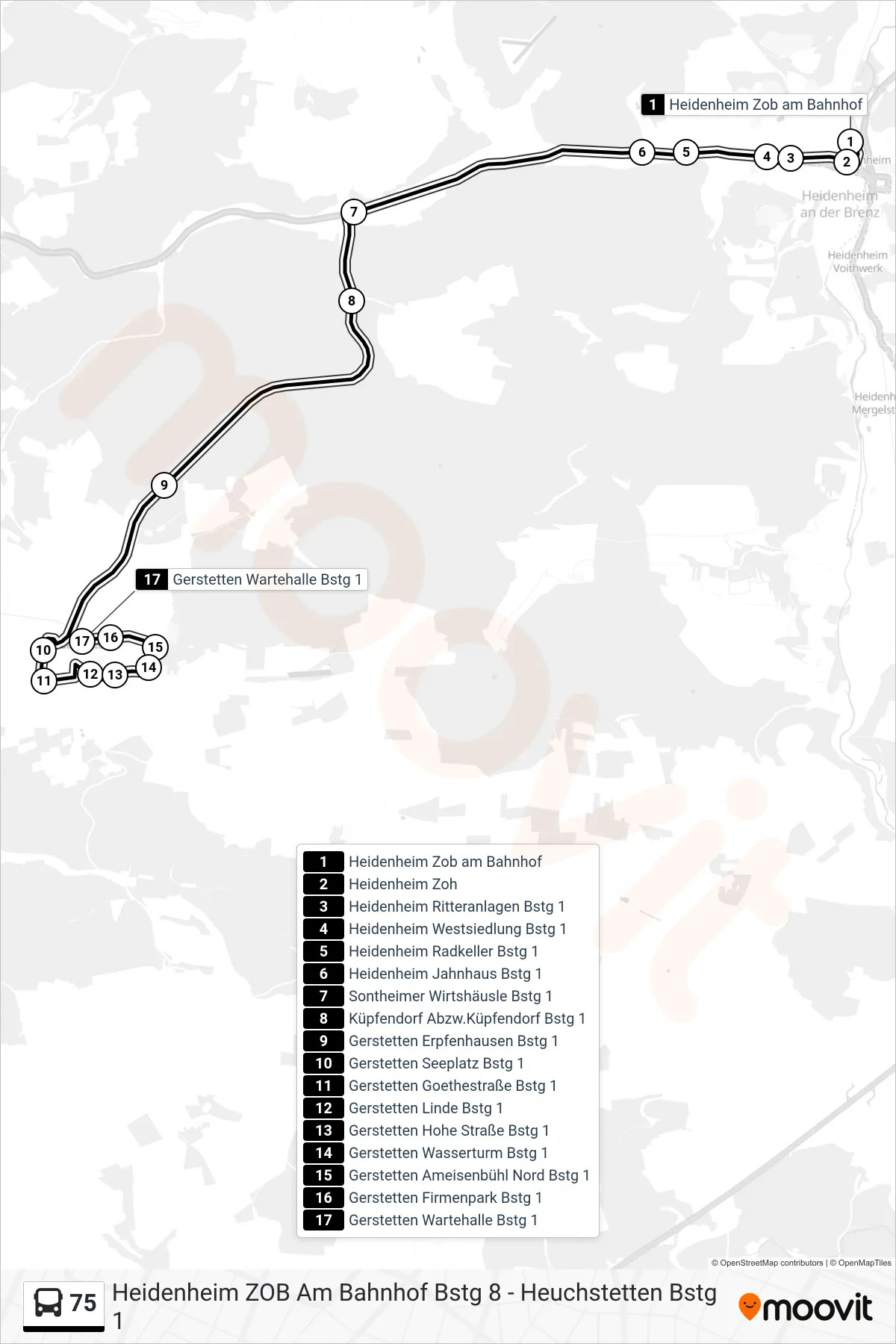 75 bus Line (Gerstetten Wartehalle) route and stops on a map