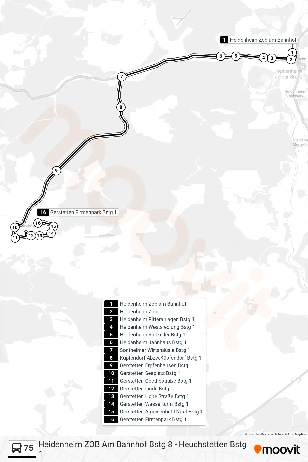 75 bus Line (Gerstetten Firmenpark) route and stops on a map