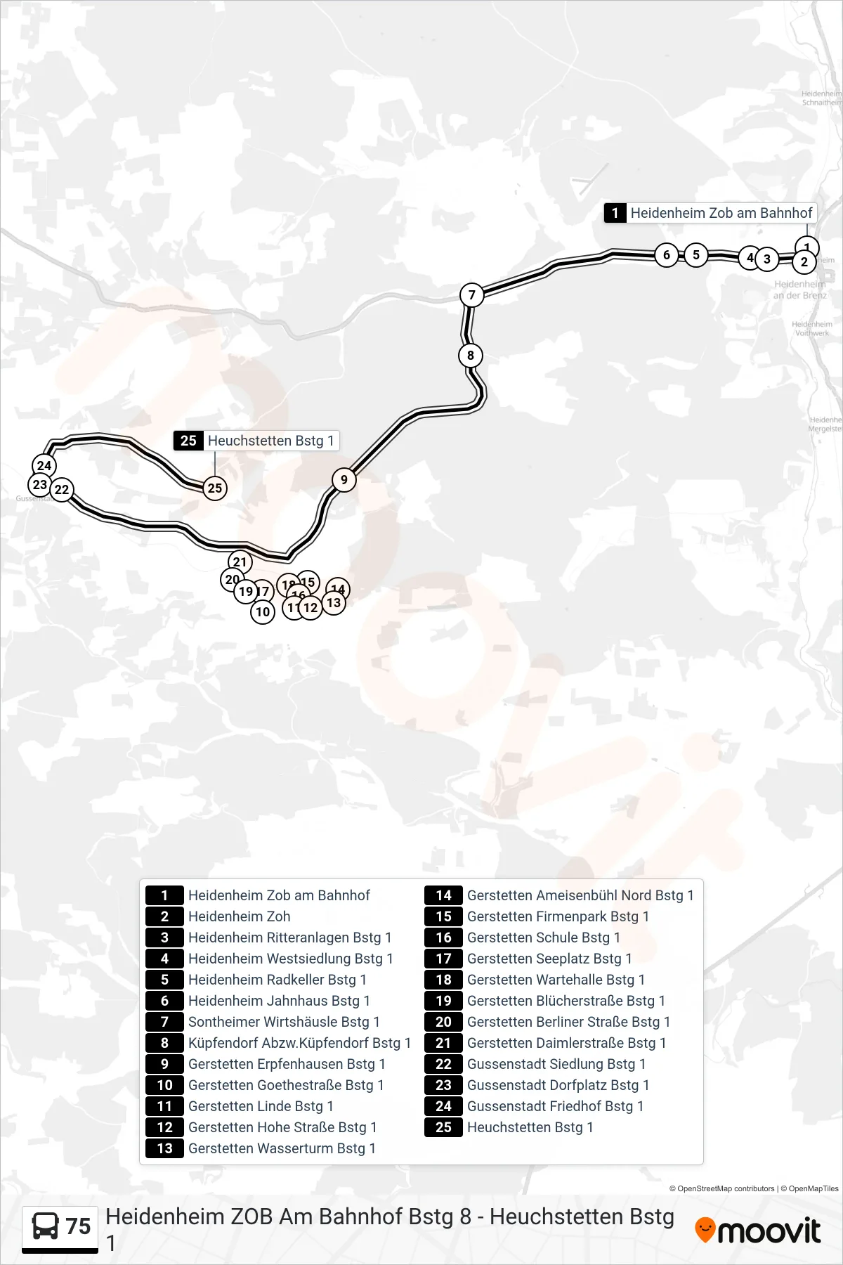 75 bus Line (Heuchstetten) route and stops on a map