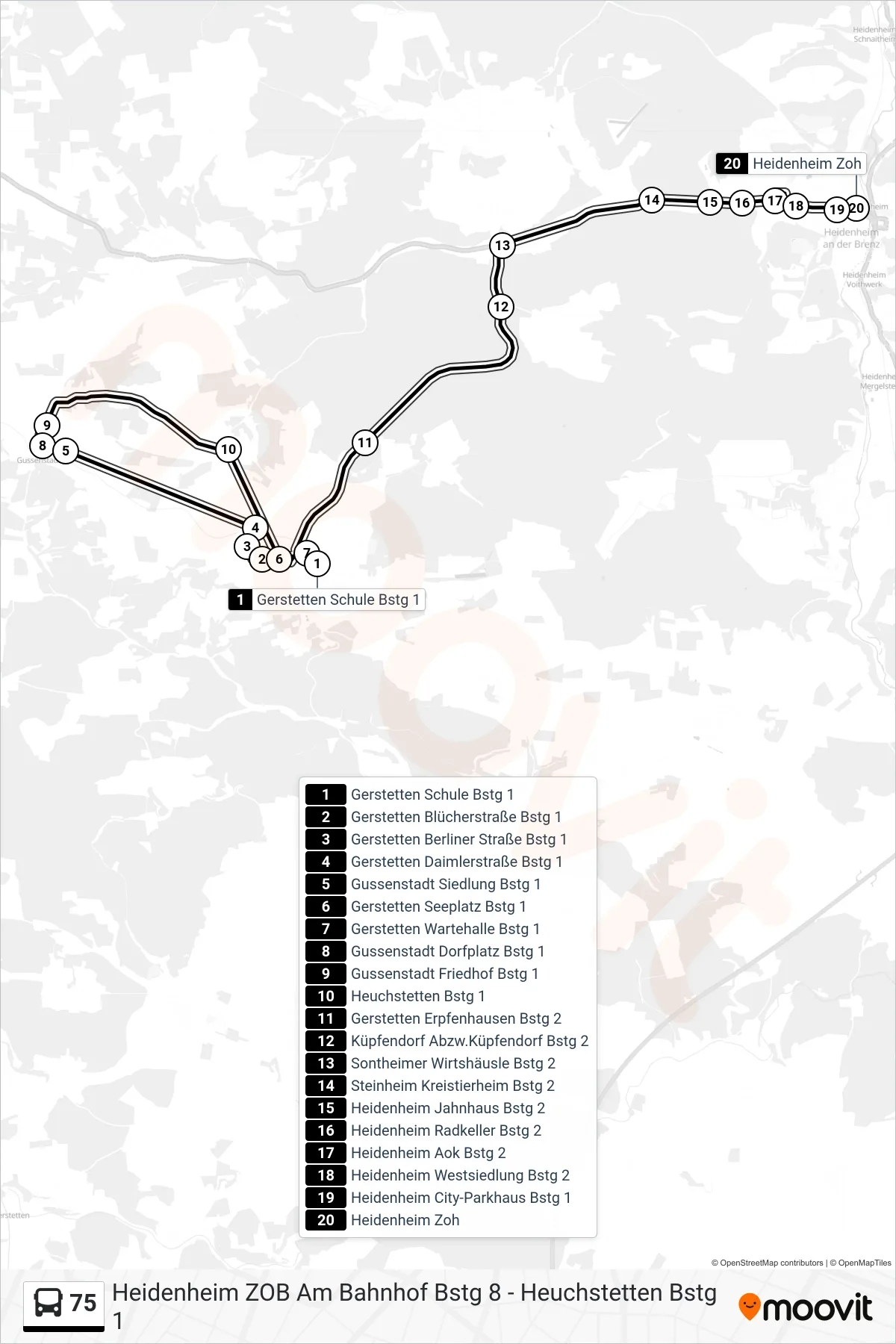 75 bus Line (Heidenheim Zoh) route and stops on a map