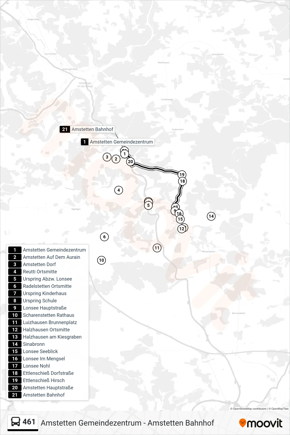 461 bus Line (Amstetten Bahnhof) route and stops on a map