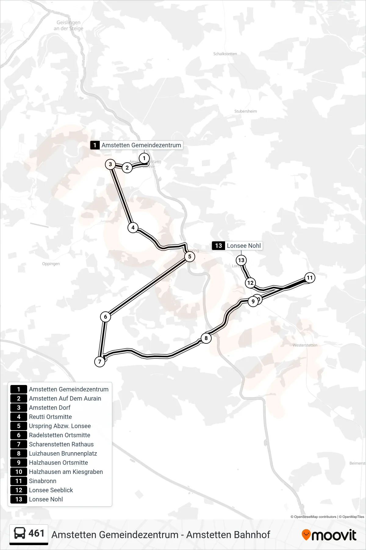 461 bus Line (Lonsee Nohl) route and stops on a map